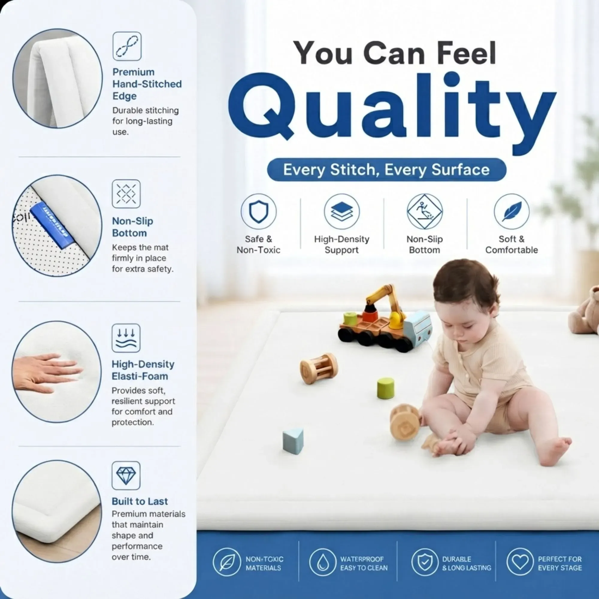 CARLA HOME Baby Play Mat 100x150cm, Thick Foam Crawling Mat, Infants, White view 6