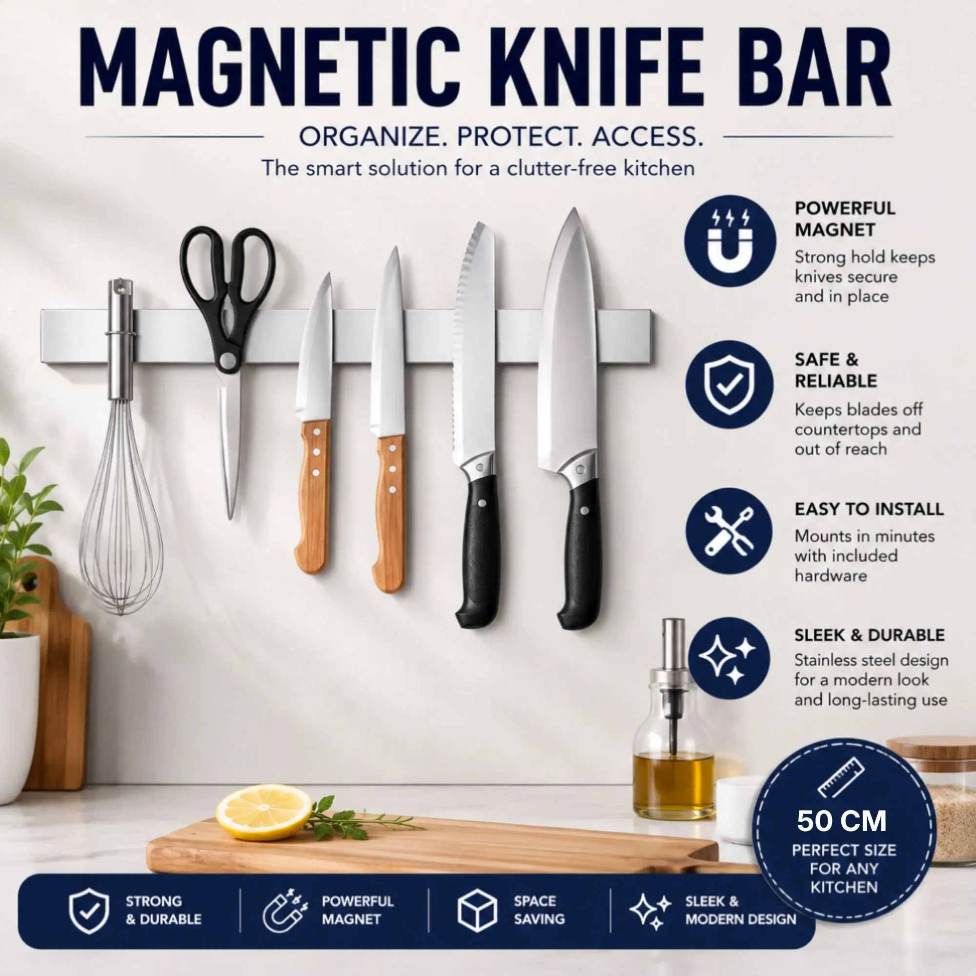 CARLA HOME Magnetic Knife Strip 50cm, Premium Stainless Steel Wall Rack Kitchen view 3