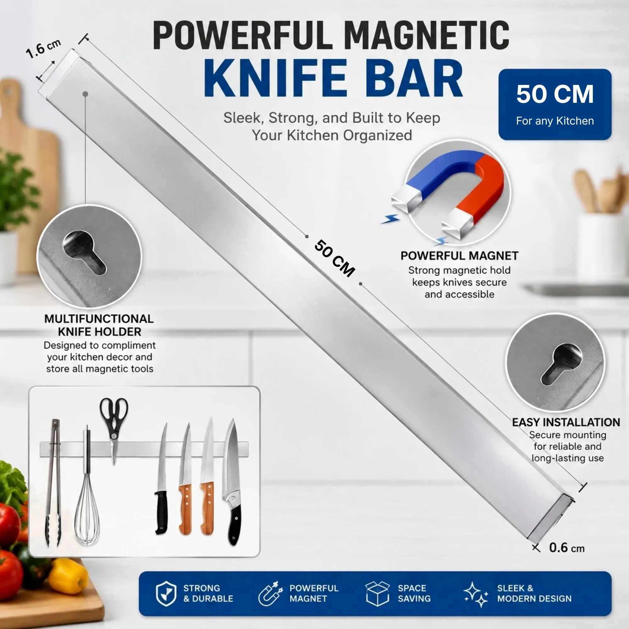 CARLA HOME Magnetic Knife Strip 50cm, Premium Stainless Steel Wall Rack Kitchen view 4