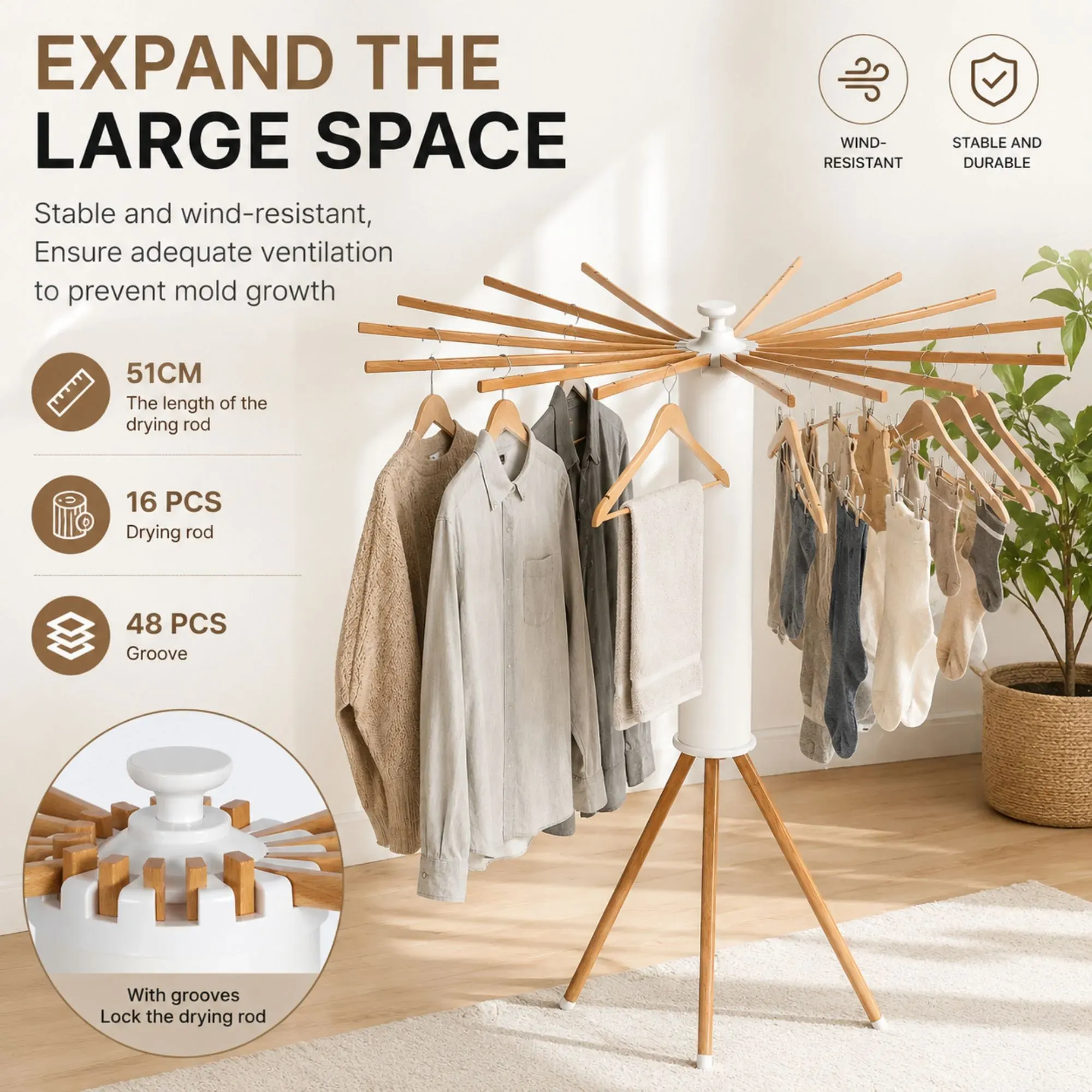 CARLA HOME Tripod Clothes Drying Rack, 16 Rod Foldable, Wooden Poles view 2