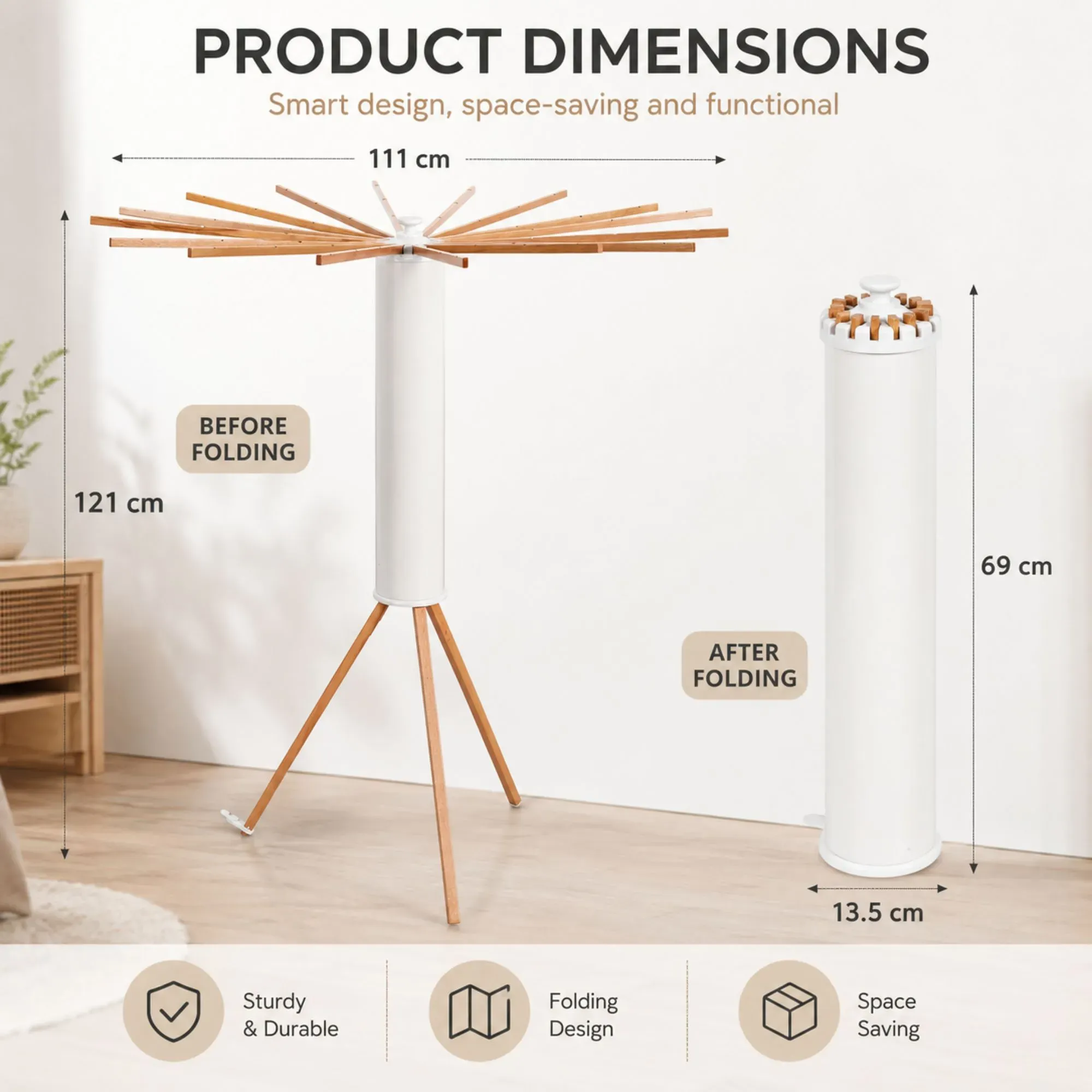 CARLA HOME Tripod Clothes Drying Rack, 16 Rod Foldable, Wooden Poles view 4