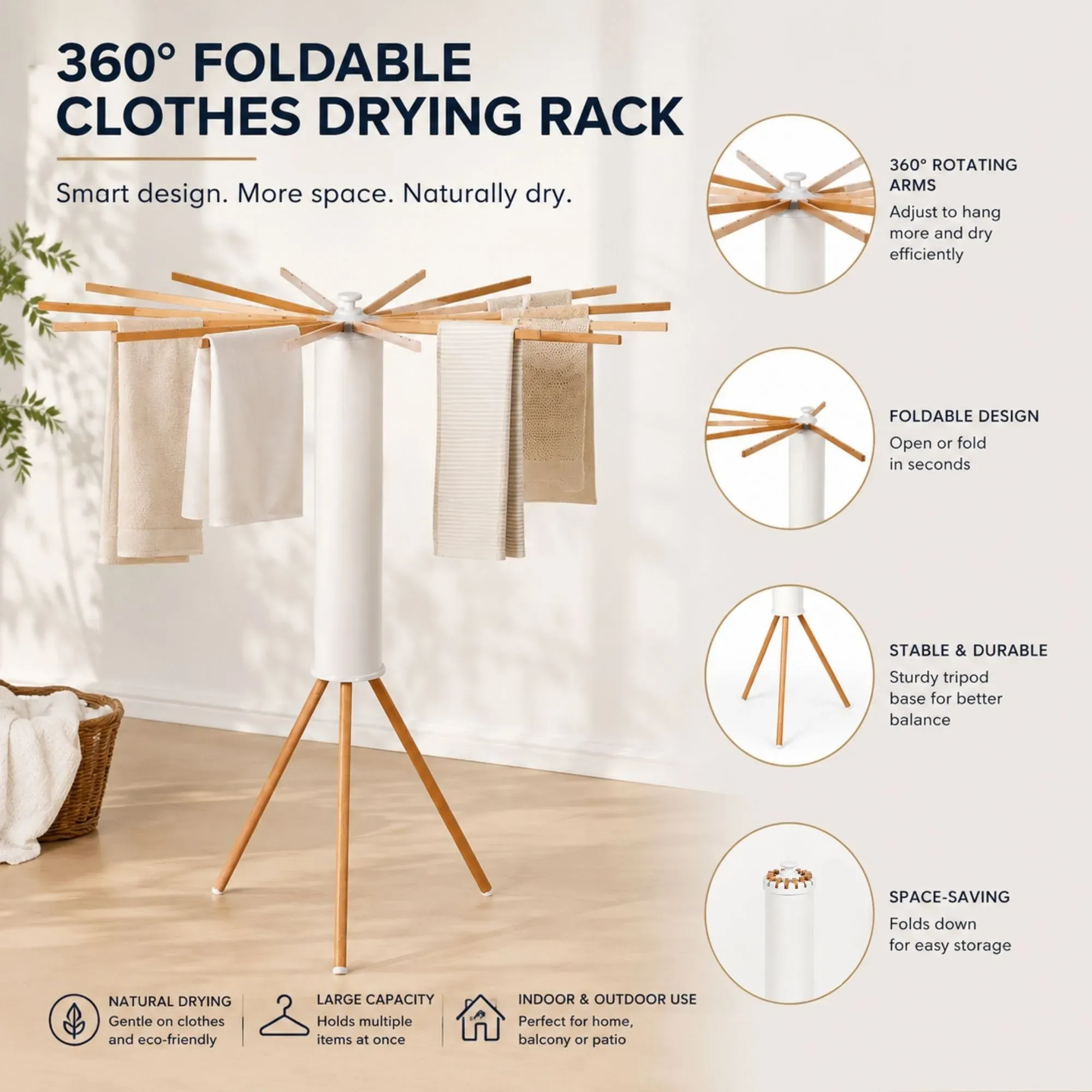 CARLA HOME Tripod Clothes Drying Rack, 16 Rod Foldable, Wooden Poles view 7