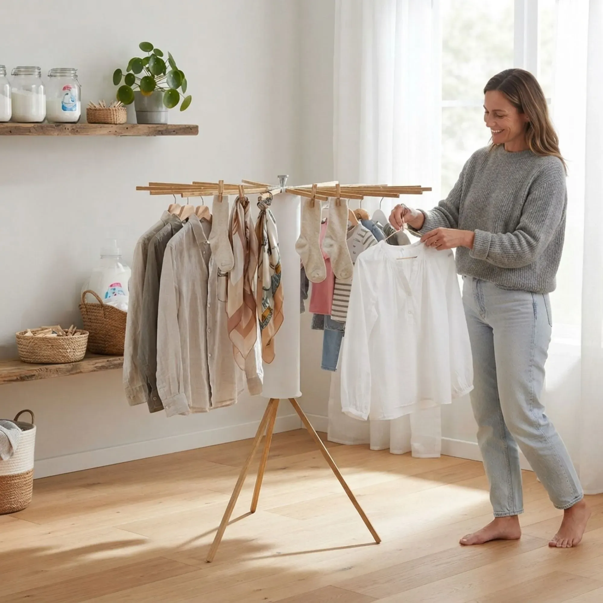 CARLA HOME Tripod Clothes Drying Rack, 16 Rod Foldable, Wooden Poles view 8