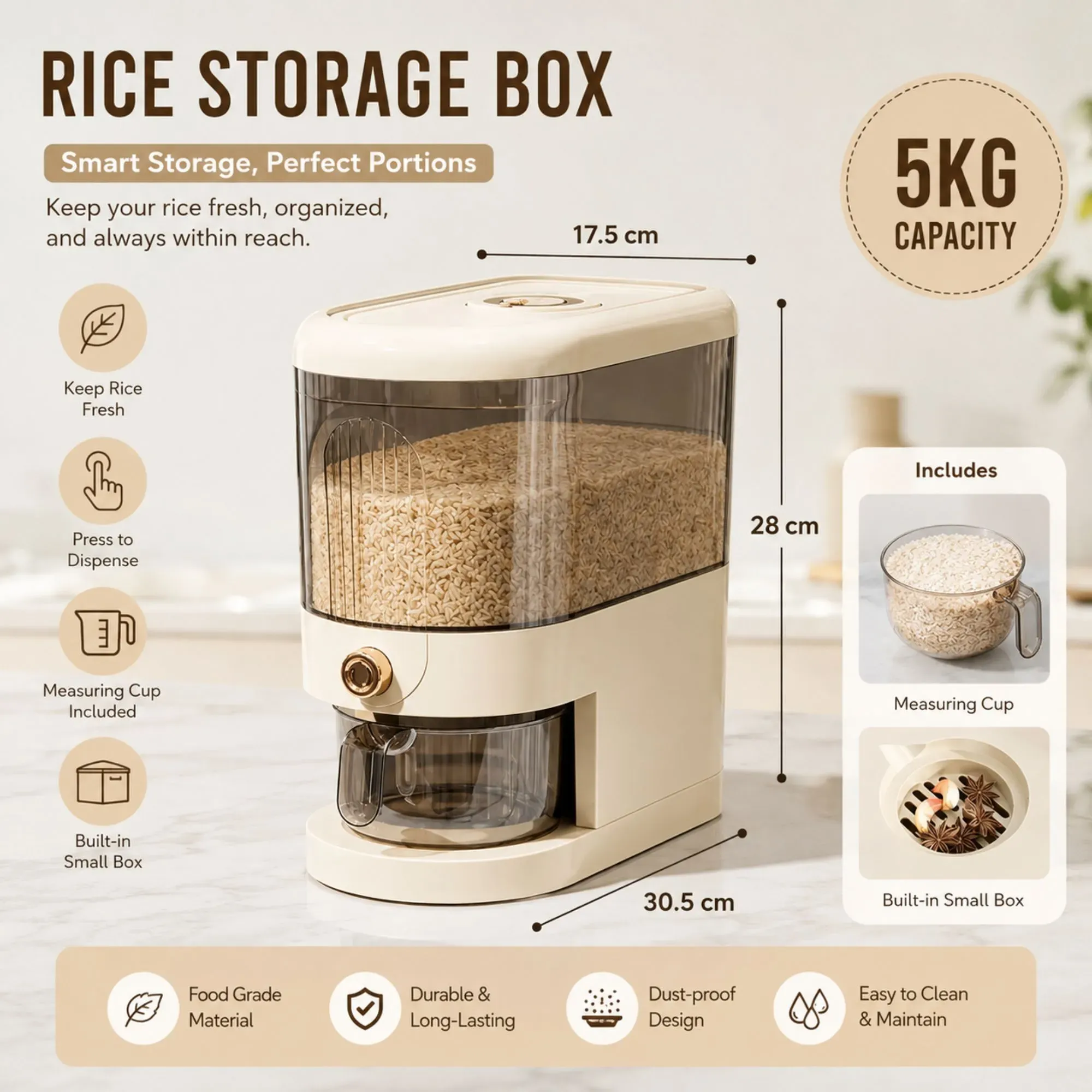 CARLA HOME Rice Dispenser 5kg Large Storage, Press Button Grain Container Kitchen view 2
