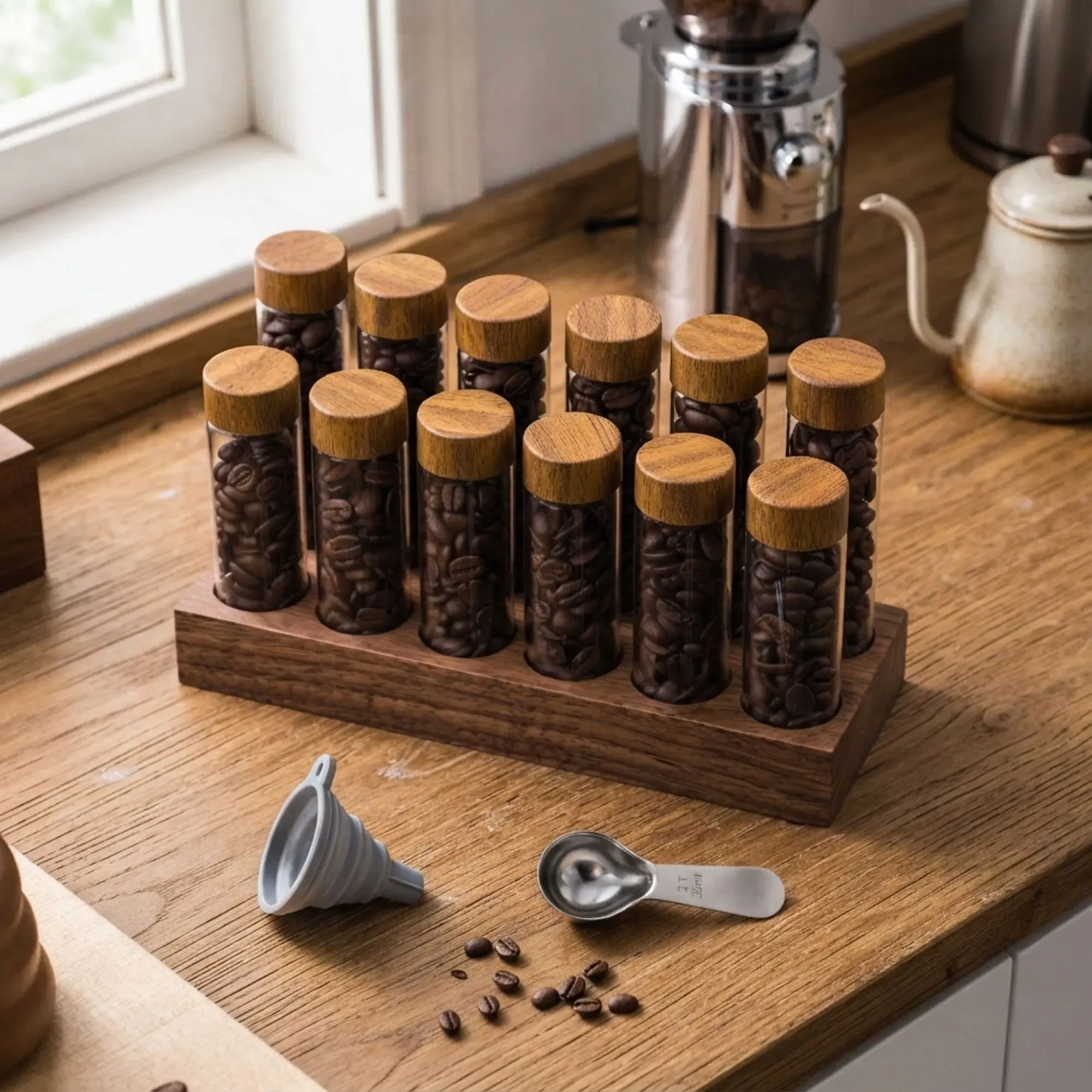 CARLA HOME Glass Coffee Bean Storage Tubes, 12 Pack Wooden Stand (60ml 20g) view 2