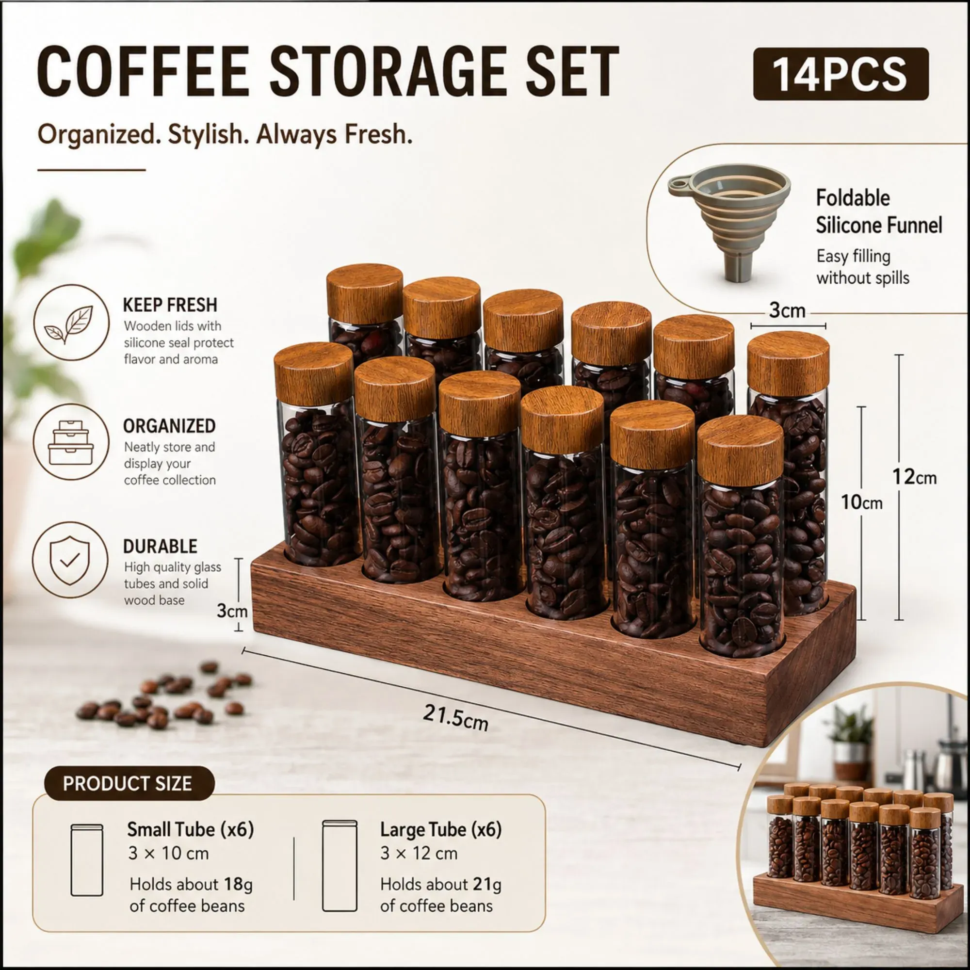 CARLA HOME Glass Coffee Bean Storage Tubes, 12 Pack Wooden Stand (60ml 20g) view 3