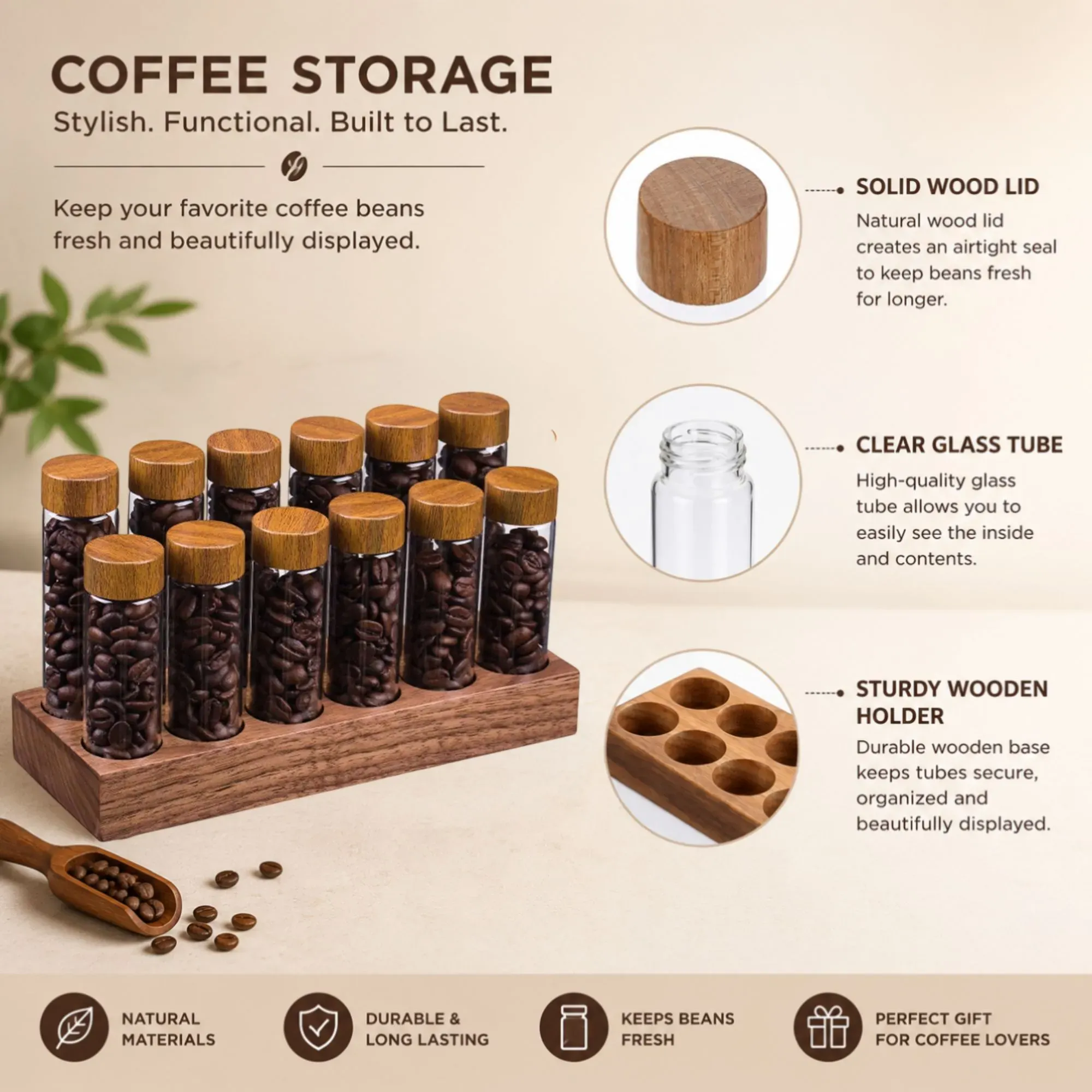 CARLA HOME Glass Coffee Bean Storage Tubes, 12 Pack Wooden Stand (60ml 20g) view 4