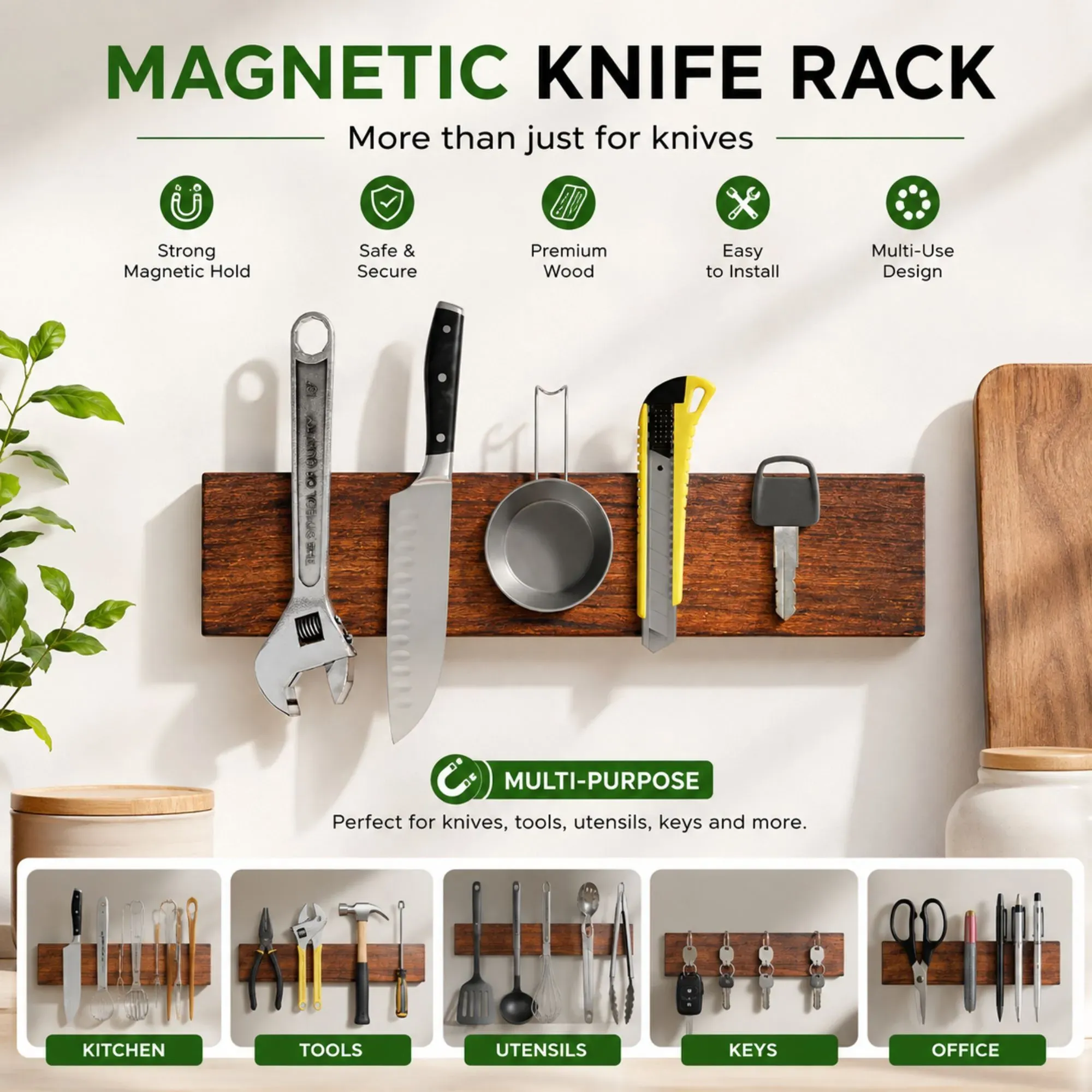 CARLA HOME Magnetic Knife Holder Wall Mounted, Wood Strip, Brown (40cm) view 3