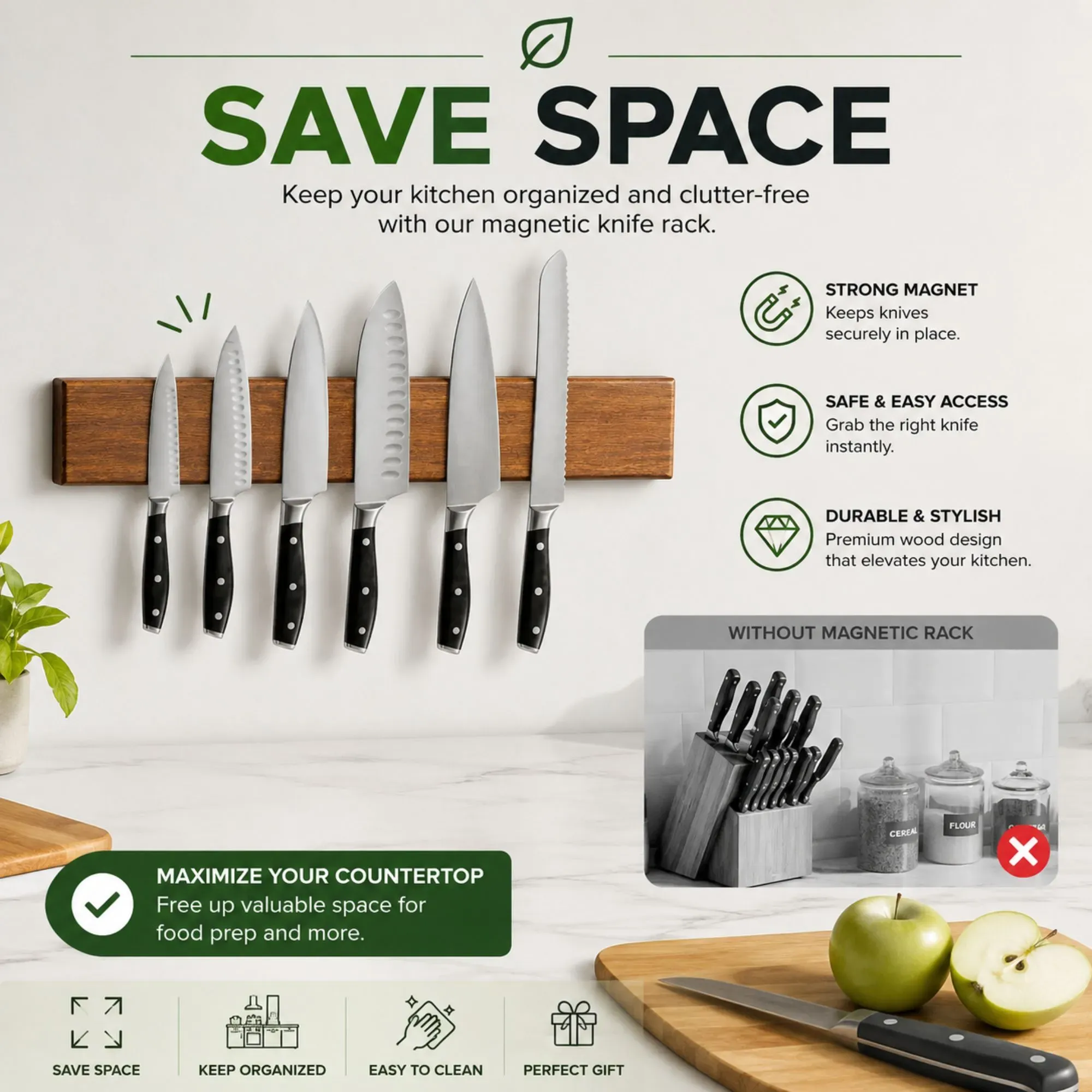 CARLA HOME Magnetic Knife Holder Wall Mounted, Wood Strip, Brown (40cm) view 4