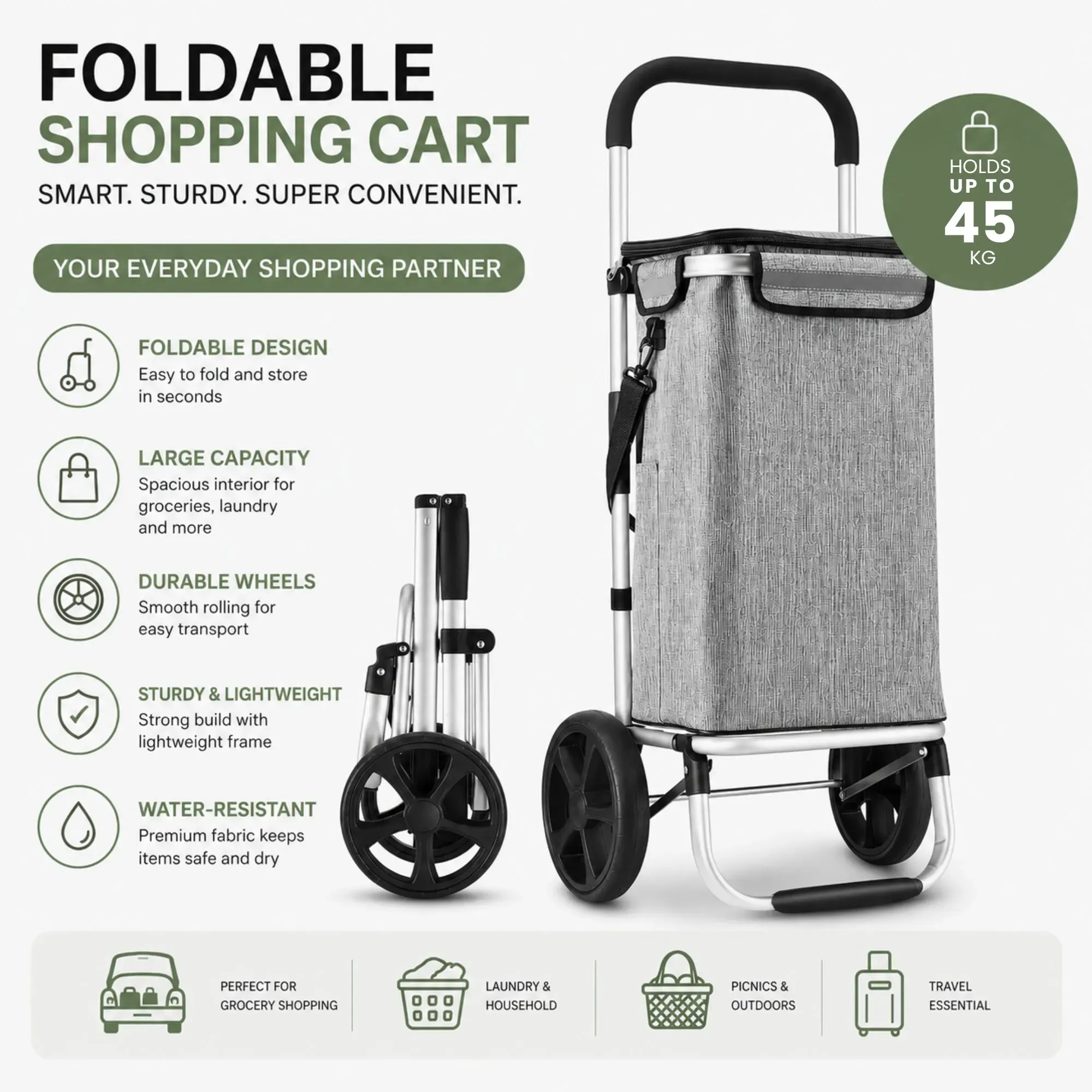 CARLA HOME Foldable Shopping Trolley, Aluminium Cart, 45L, Waterproof, Grey view 3