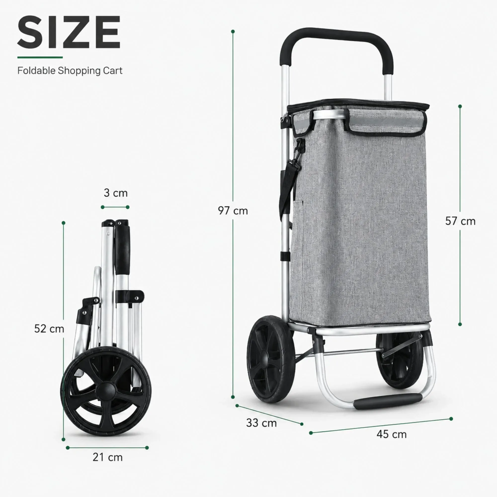 CARLA HOME Foldable Shopping Trolley, Aluminium Cart, 45L, Waterproof, Grey view 4