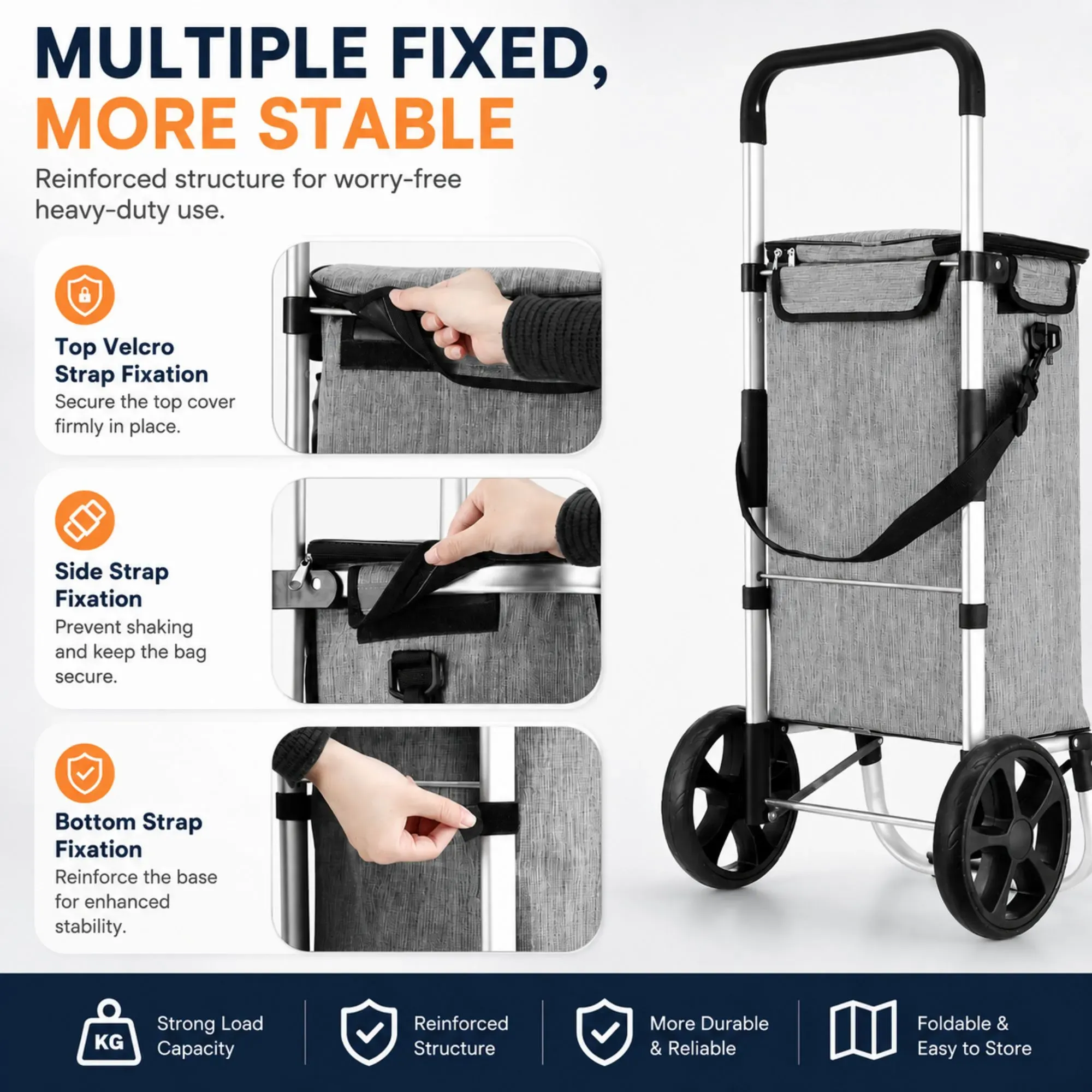 CARLA HOME Foldable Shopping Trolley, Aluminium Cart, 45L, Waterproof, Grey view 6
