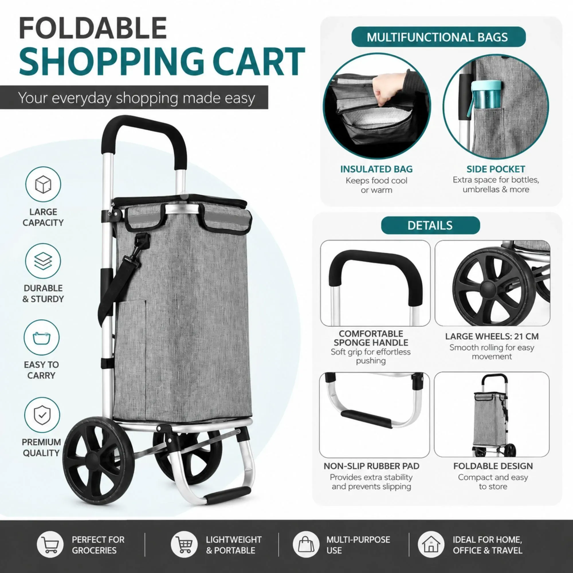 CARLA HOME Foldable Shopping Trolley, Aluminium Cart, 45L, Waterproof, Grey view 7