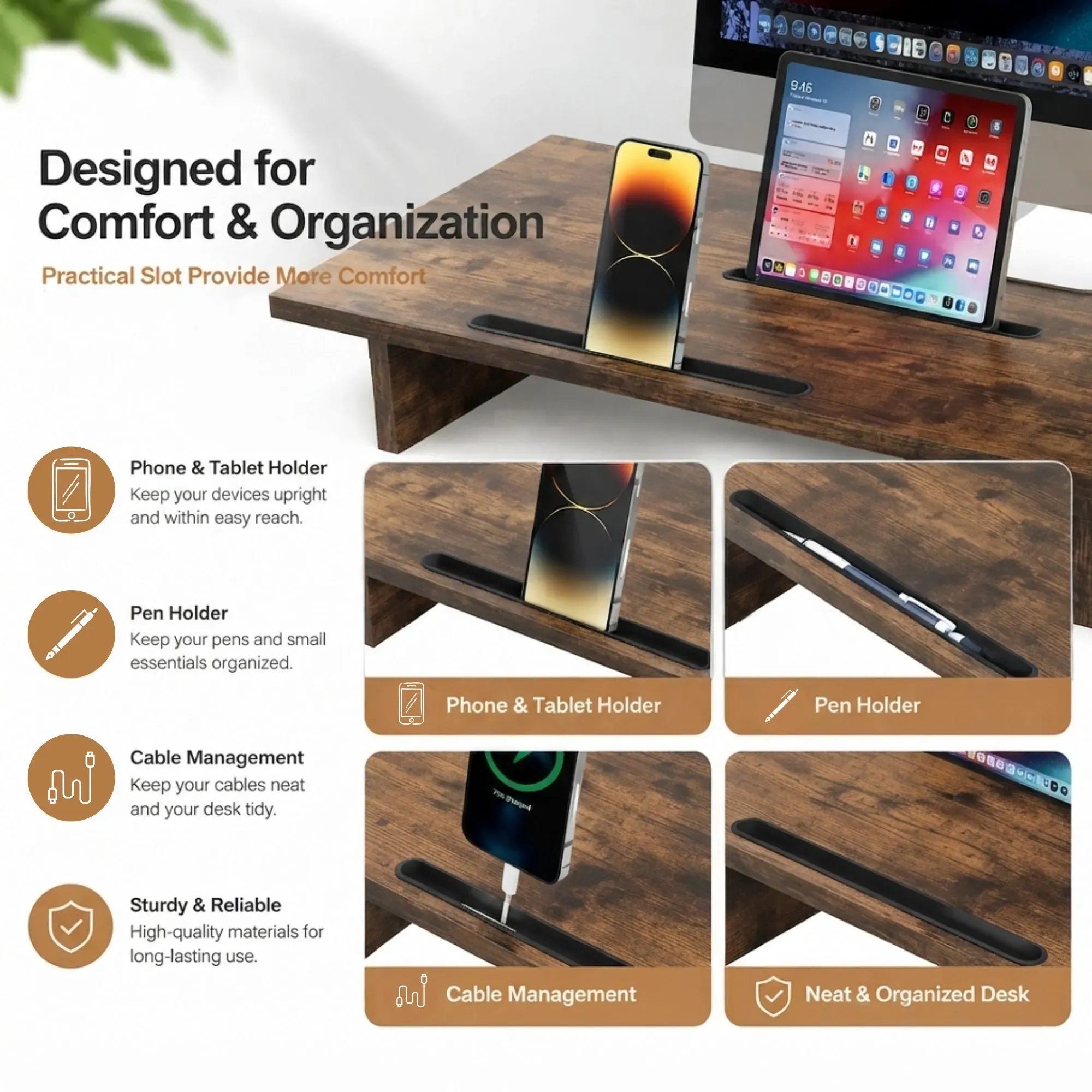 CARLA HOME Dual Monitor Stand Riser, Adjustable Length and Angle, Brown view 3
