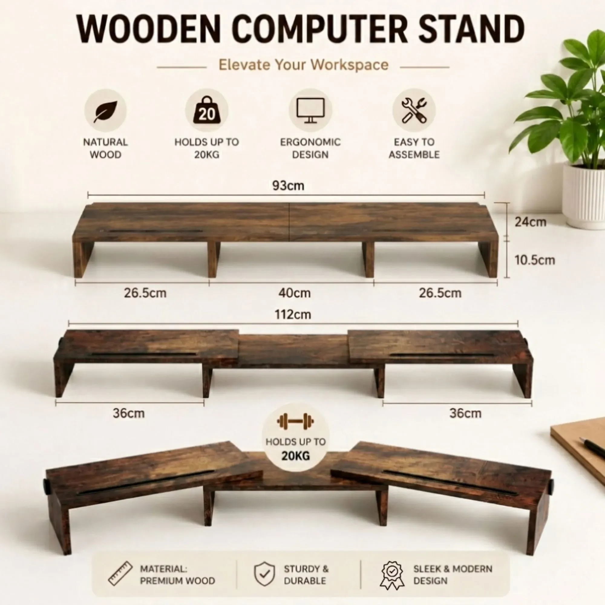 CARLA HOME Dual Monitor Stand Riser, Adjustable Length and Angle, Brown view 7
