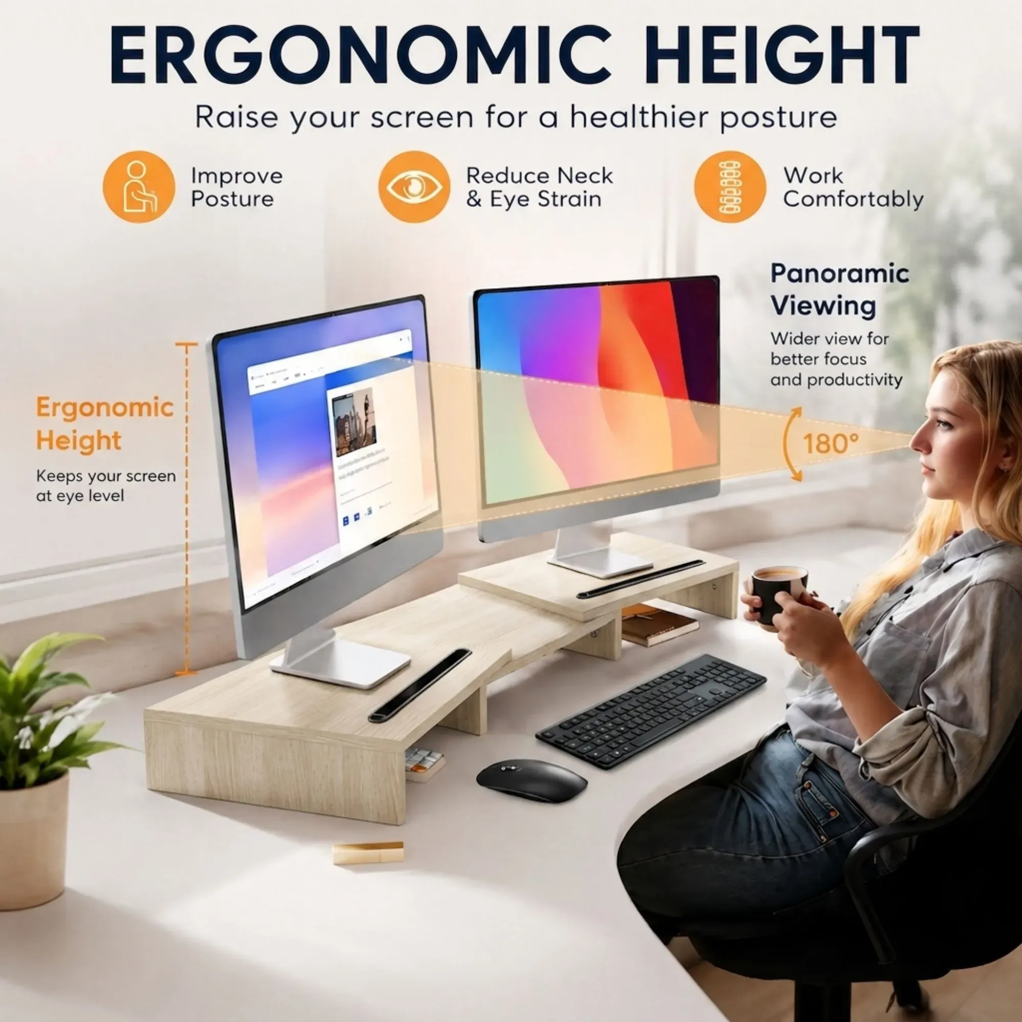 CARLA HOME Dual Monitor Stand Riser, Adjustable Length and Angle, Beige view 6