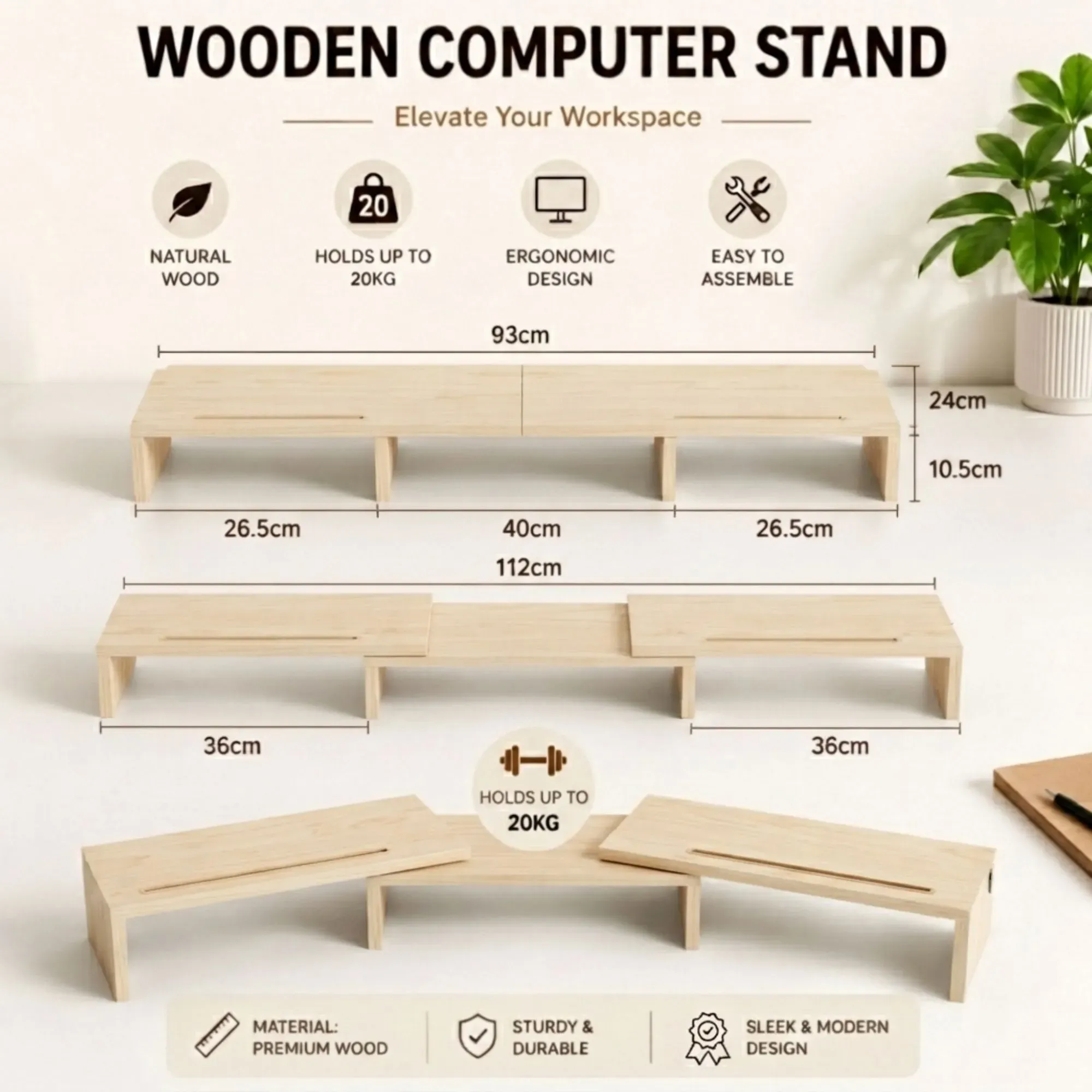 CARLA HOME Dual Monitor Stand Riser, Adjustable Length and Angle, Beige view 7