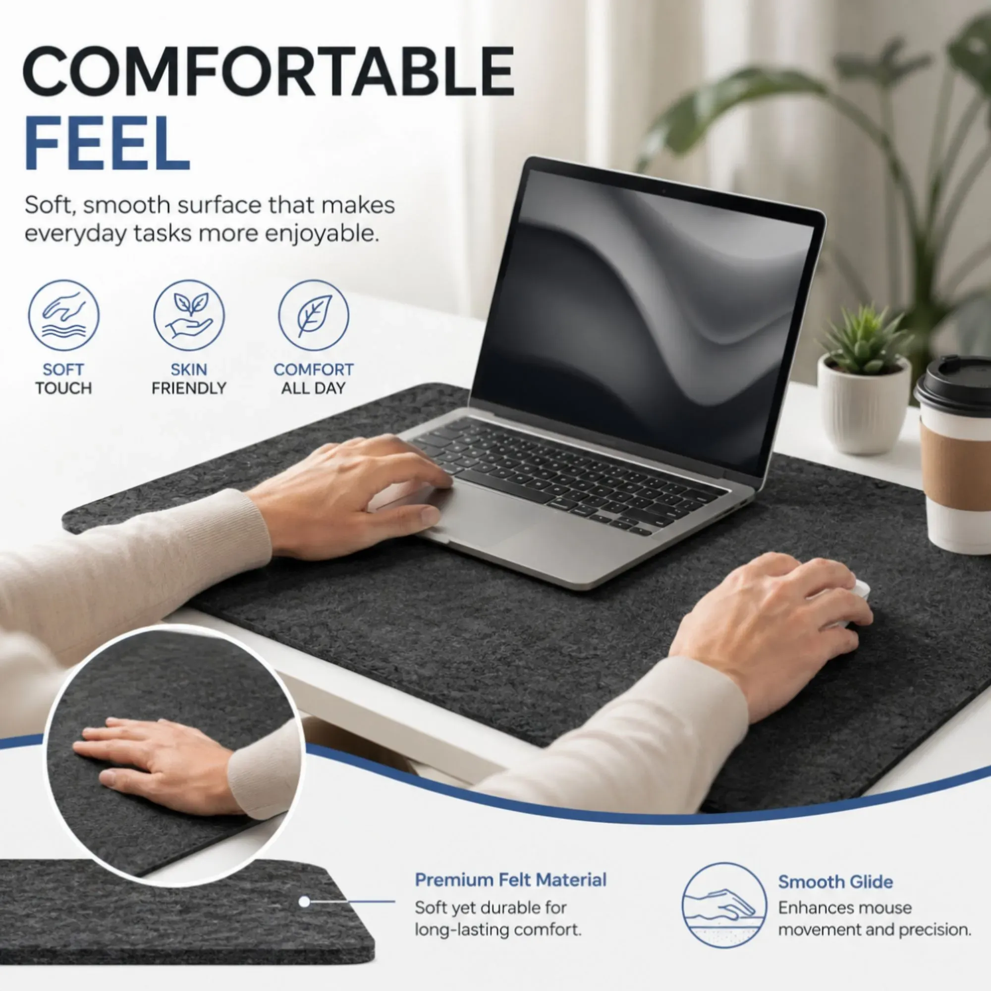 CARLA HOME Felt Desk Mat, Large Mouse Pad 80x40cm, Grey Cotton Linen Fabric view 5