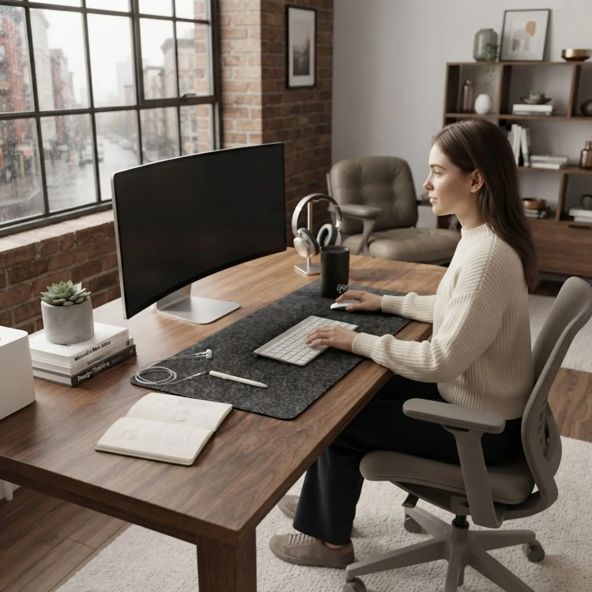 CARLA HOME Felt Desk Mat, Large Mouse Pad 80x40cm, Grey Cotton Linen Fabric view 6