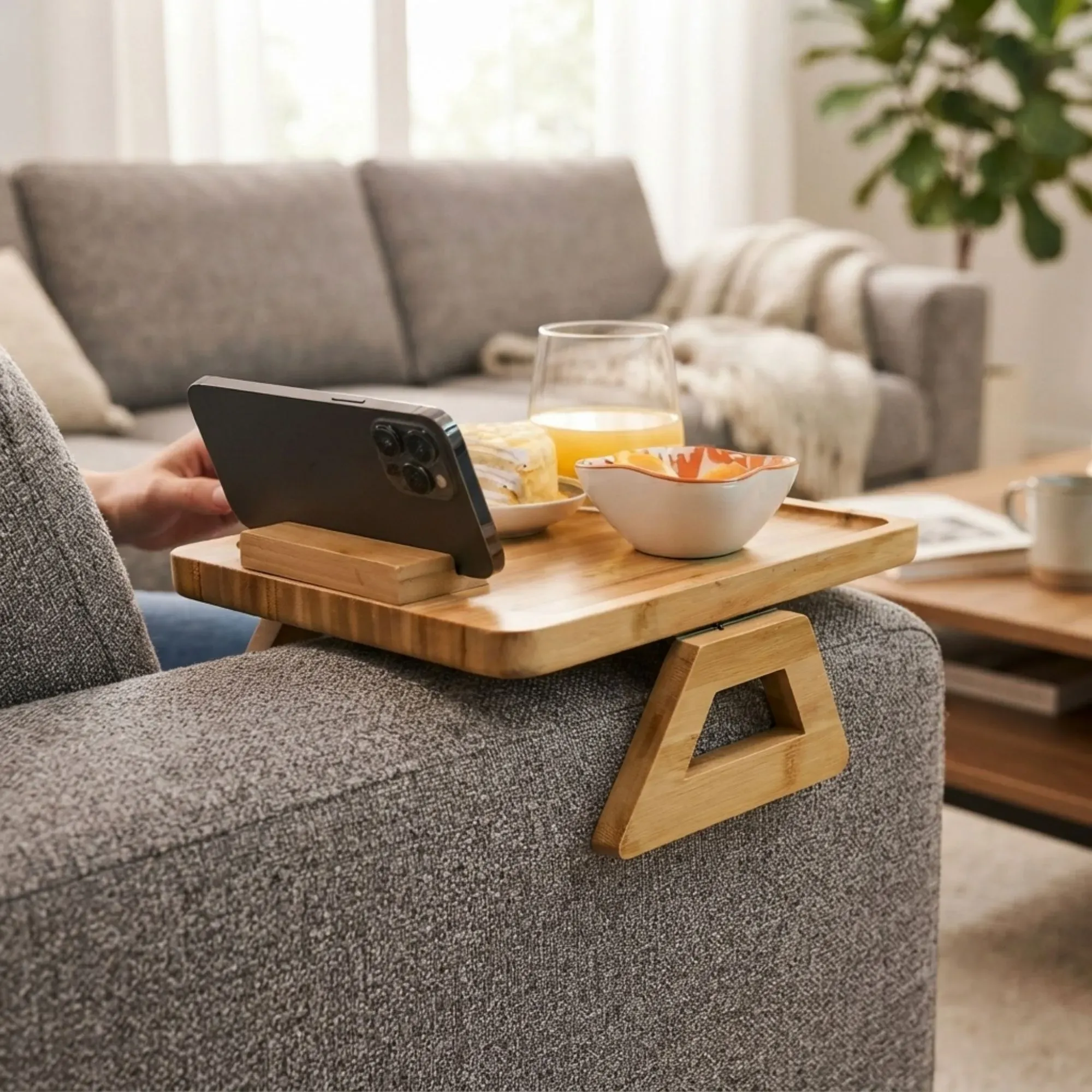 CARLA HOME Bamboo Sofa Arm Tray, 360° Rotating Phone Holder Clip, Couch cup view 2