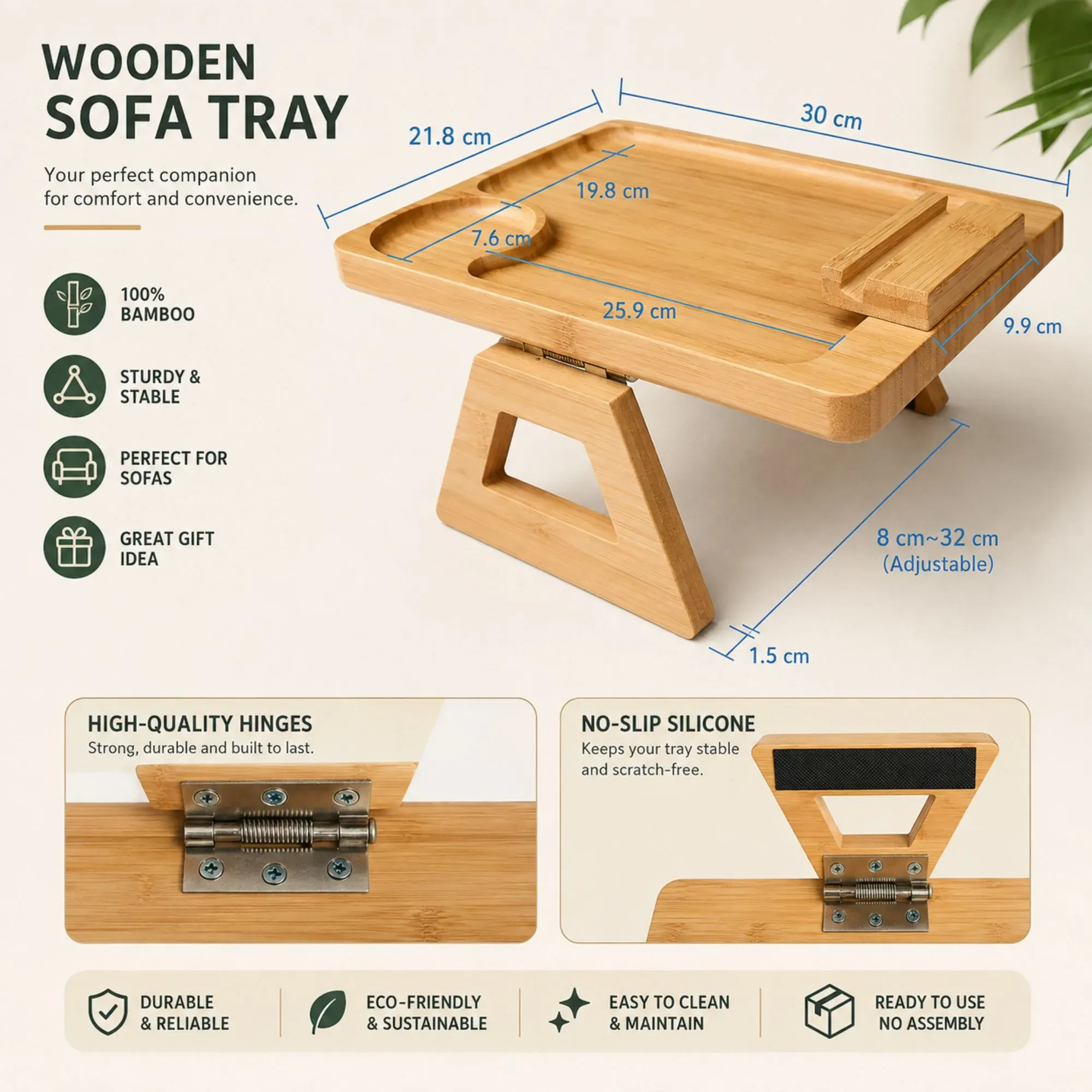 CARLA HOME Bamboo Sofa Arm Tray, 360° Rotating Phone Holder Clip, Couch cup view 3