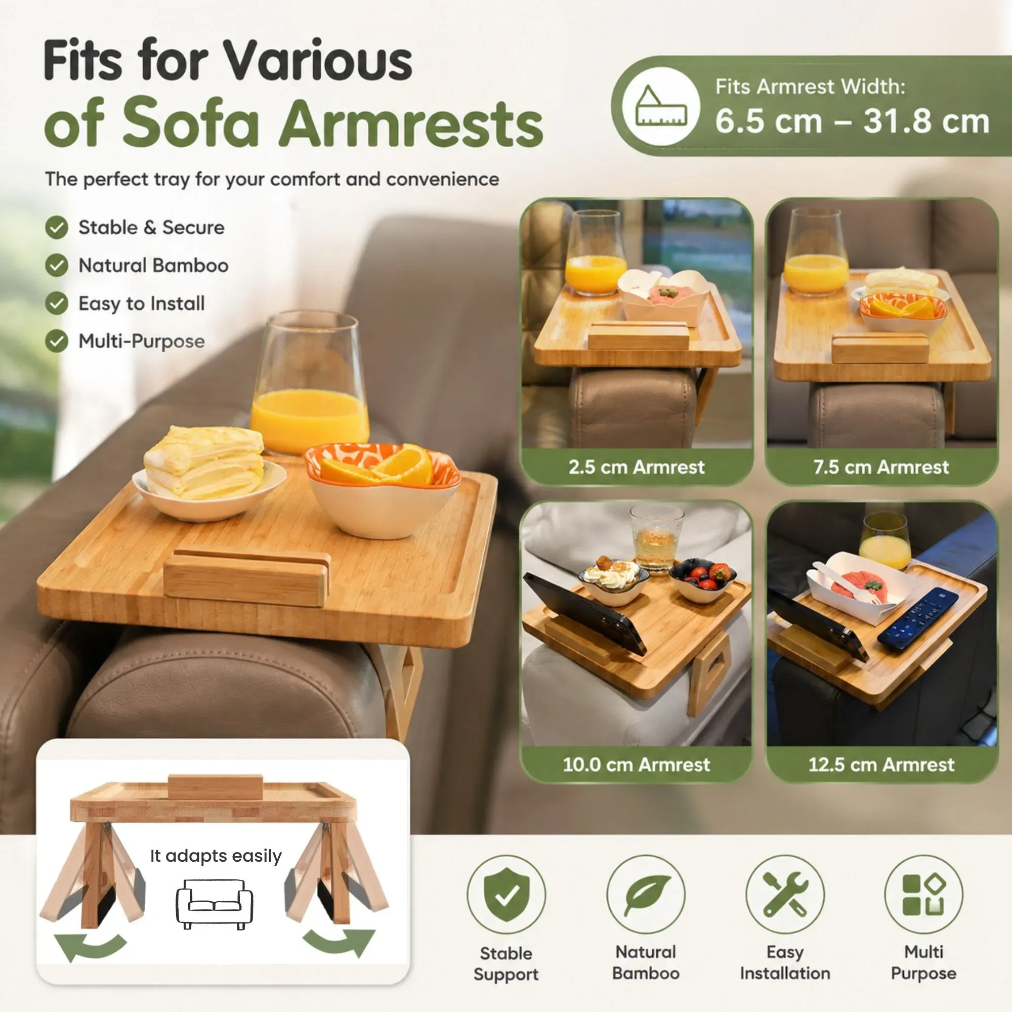 CARLA HOME Bamboo Sofa Arm Tray, 360° Rotating Phone Holder Clip, Couch cup view 6