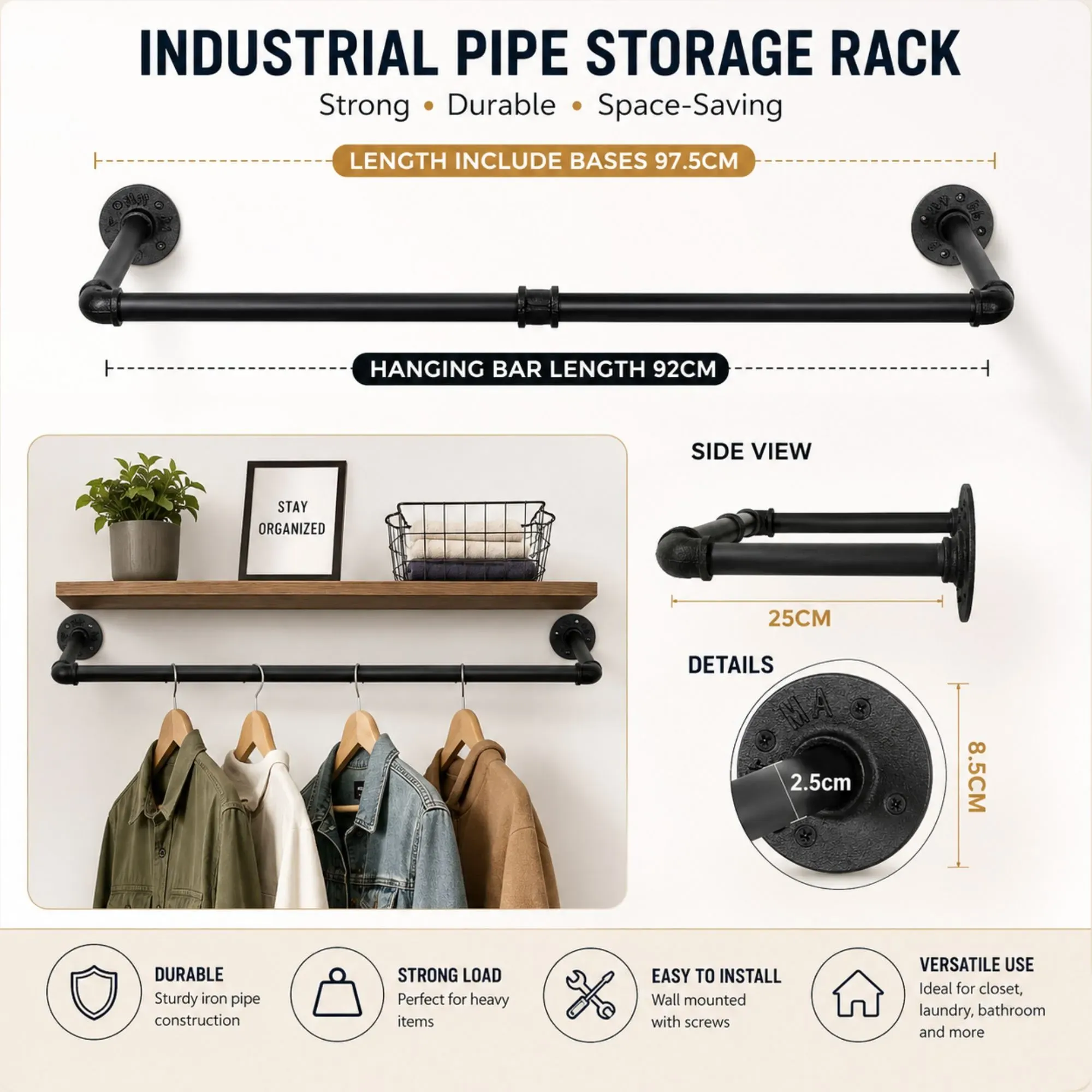 CARLA HOME Industrial Pipe Wall Clothes Rack, 92cm Bar Garment Rack view 3