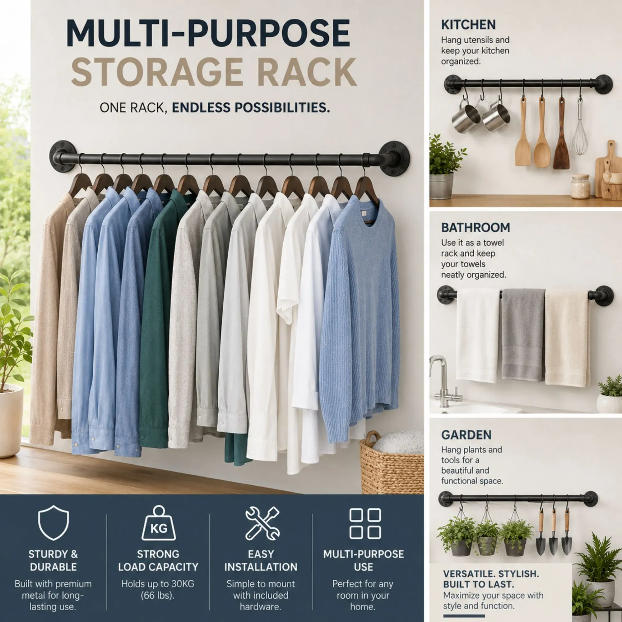 CARLA HOME Industrial Pipe Wall Clothes Rack, 92cm Bar Garment Rack view 4