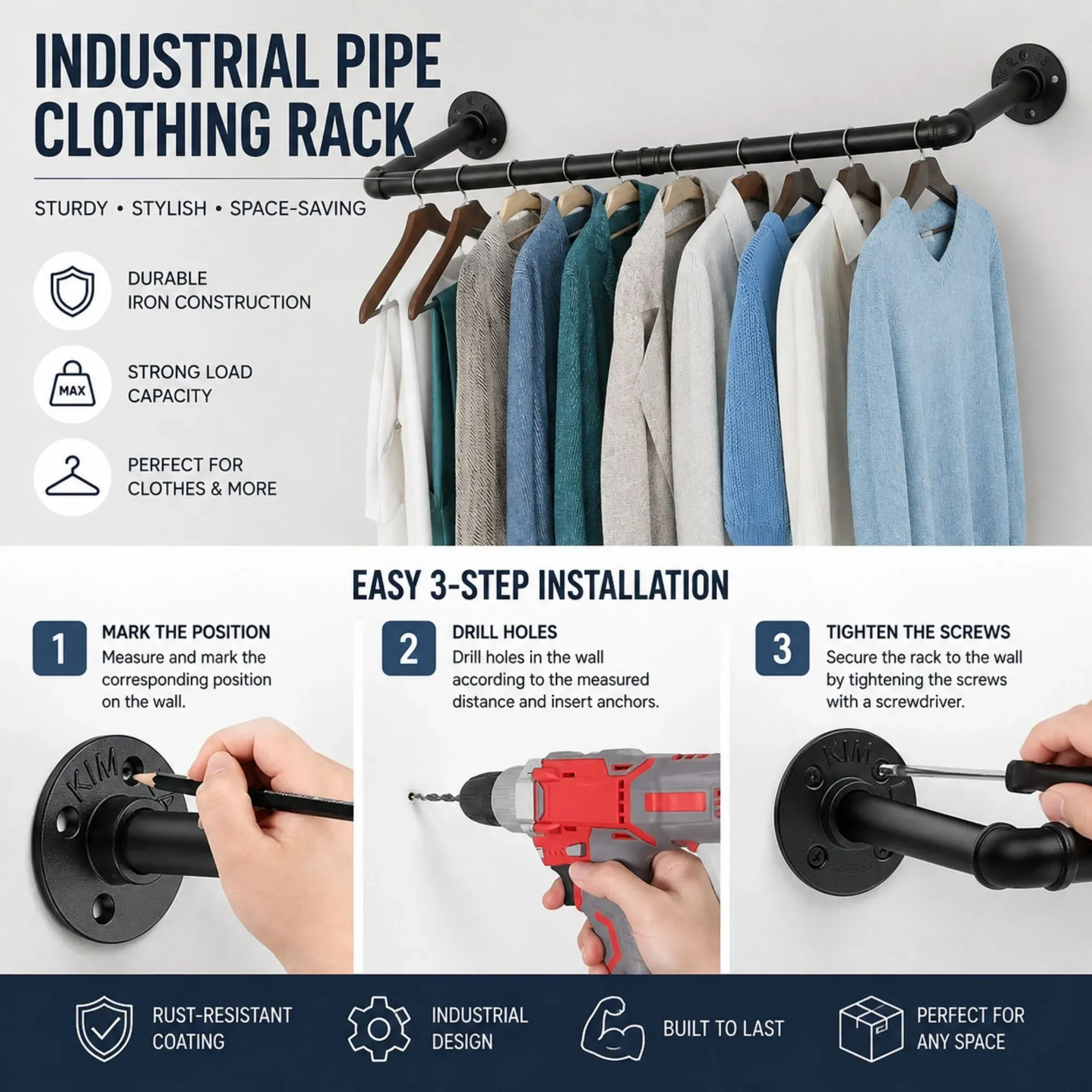 CARLA HOME 2-Pack Wall Mounted Industrial Pipe Clothes Rack - Black - Storage Rack view 9