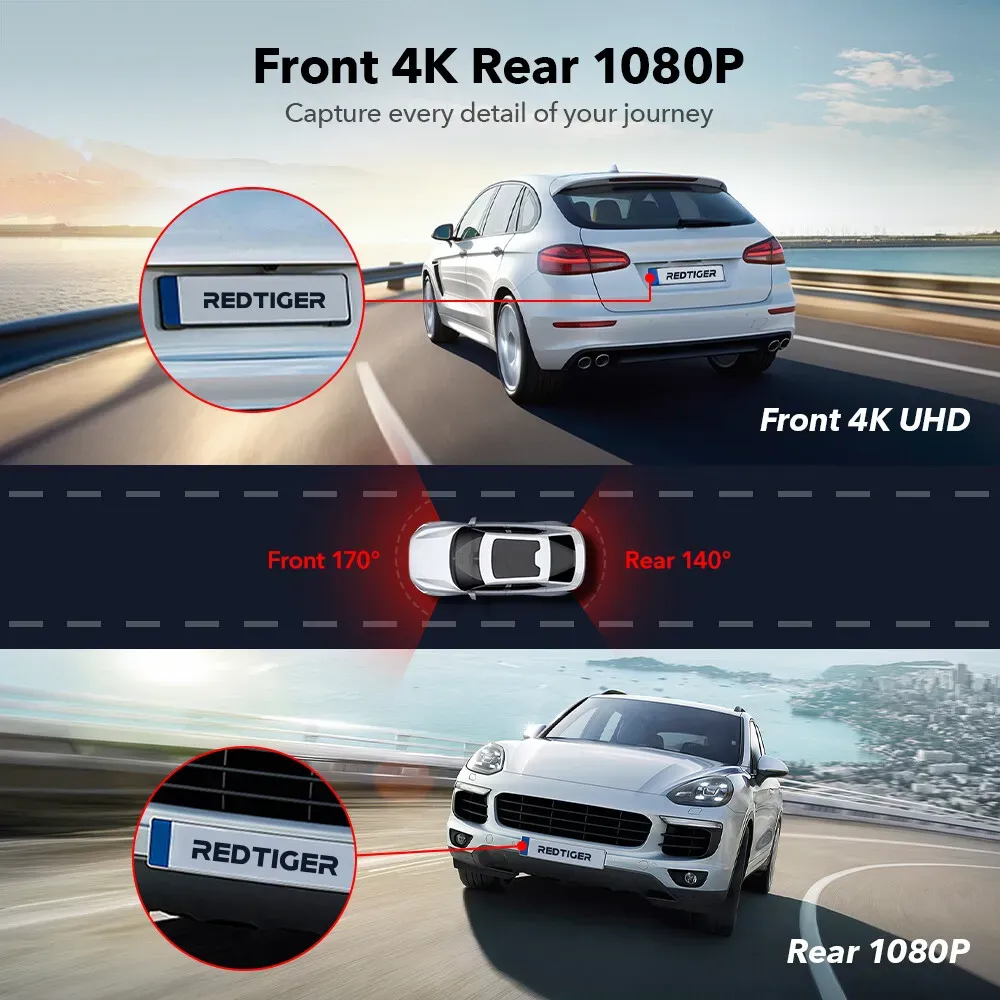 4K Dash Camera with Touch Screen, Black, Front and Rear, 64GB Card Included view 3