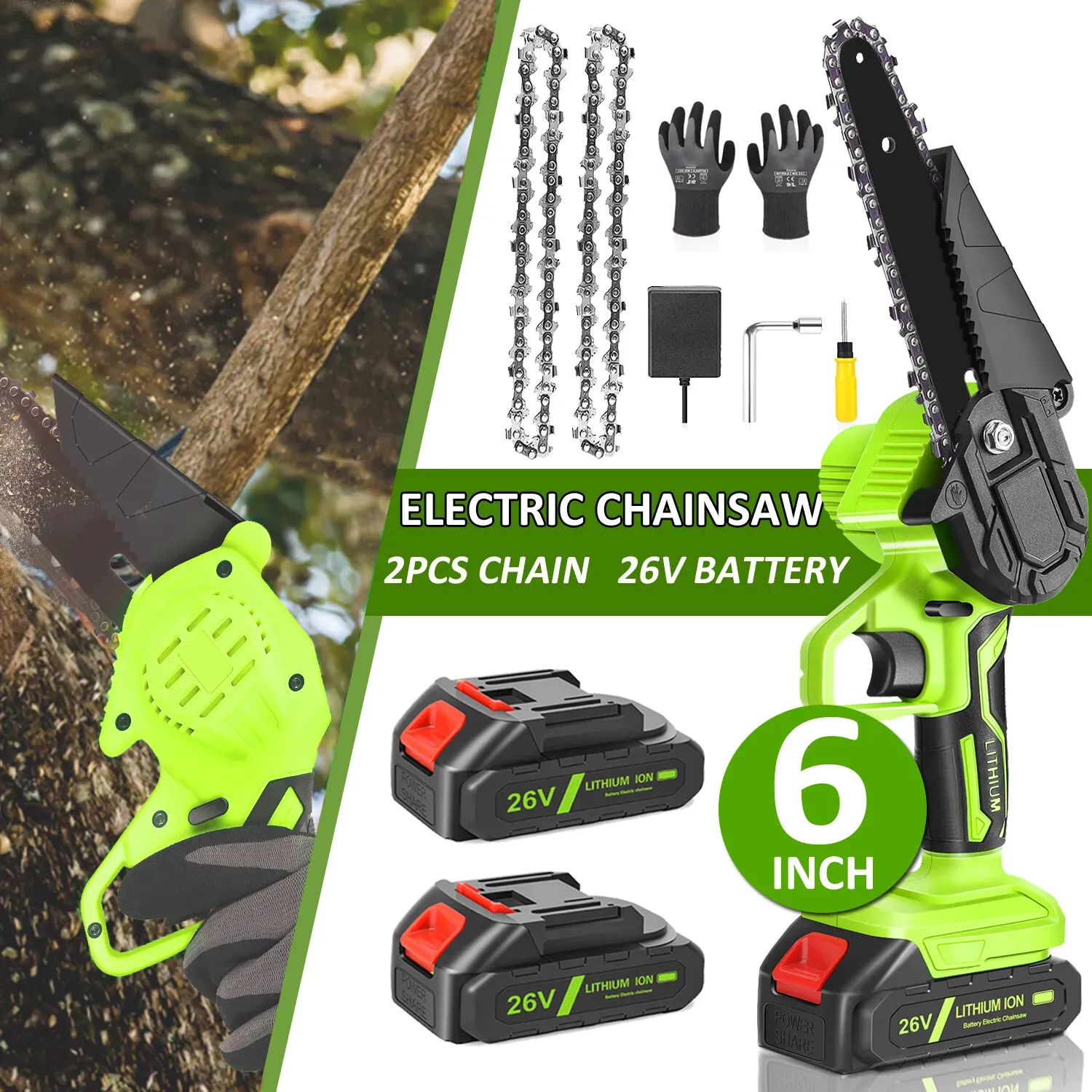 6" Mini Cordless Electric Chainsaw in Black and Orange with 2 Batteries view 2