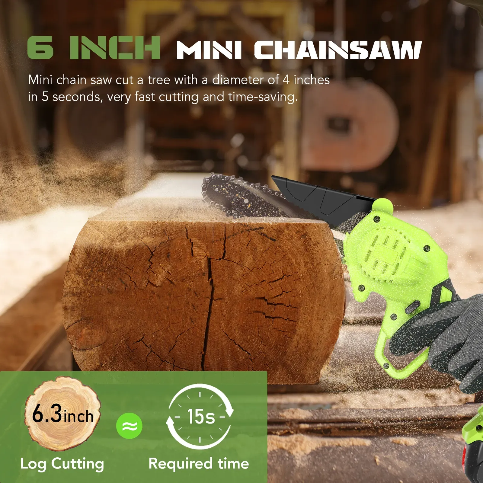6" Mini Cordless Electric Chainsaw in Black and Orange with 2 Batteries view 7