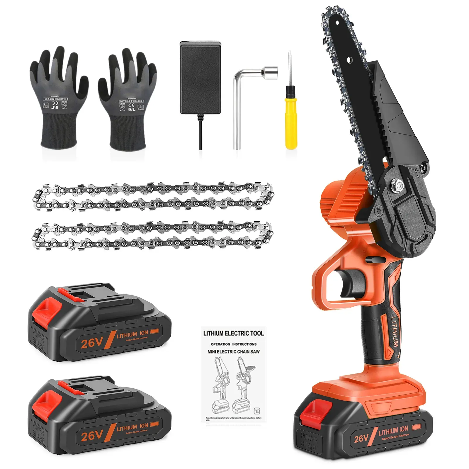 6" Mini Cordless Electric Chainsaw in Black and Orange with 2 Batteries view 10