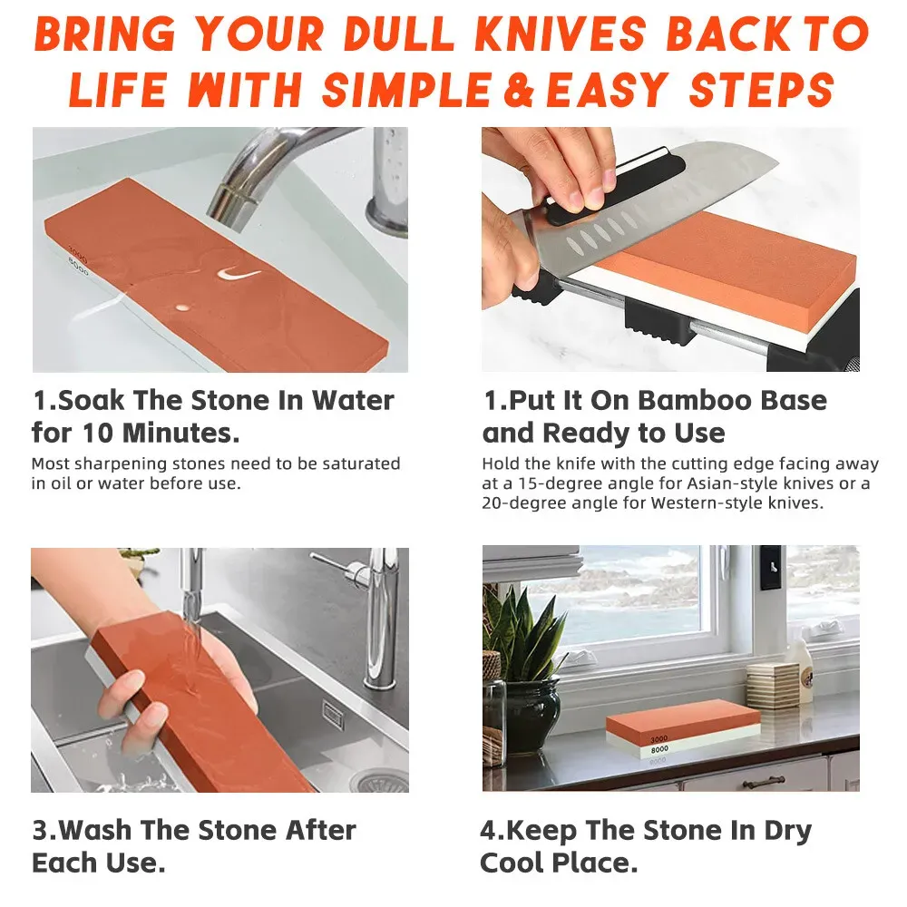 Red Dual Whetstone Knife Sharpener Set 400/8000 Grit with Silicone Base and view 9