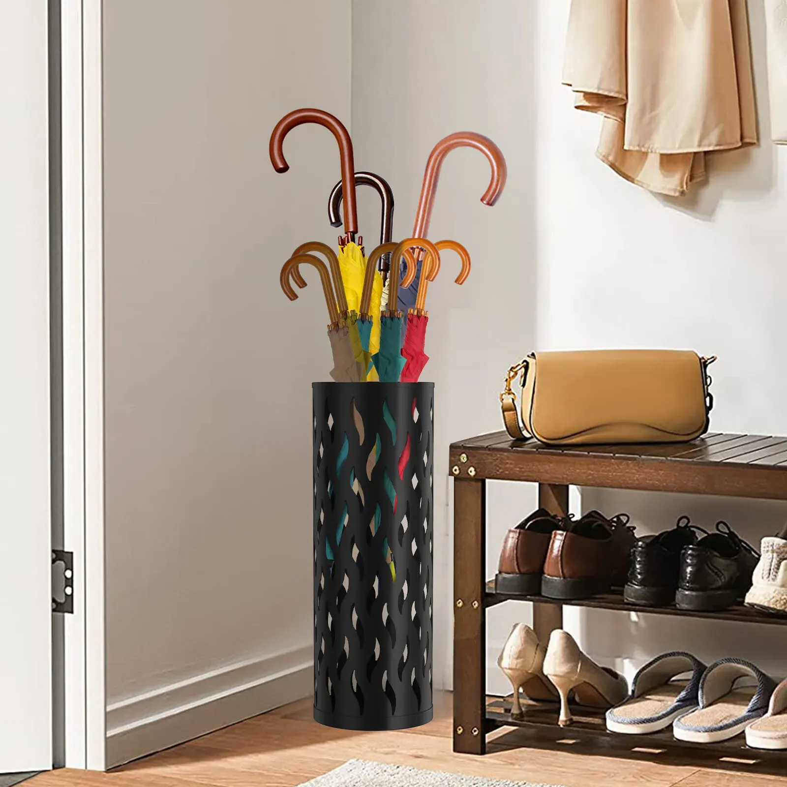 Metal Umbrella Stand in Black - Hollowed Design