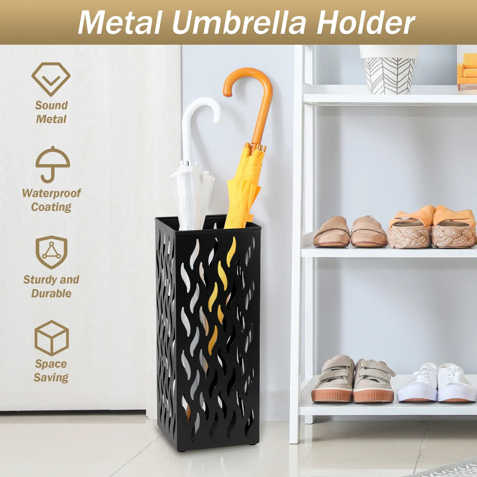 Rectangular Black Metal Umbrella Stand Holder - Space-Saving Design view 9