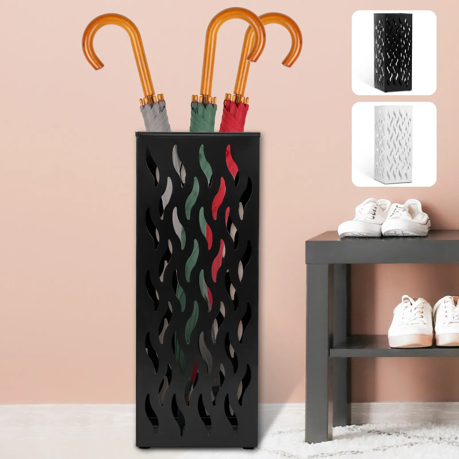 Metal Umbrella Stand Rack in White - Rectangular Design view 2