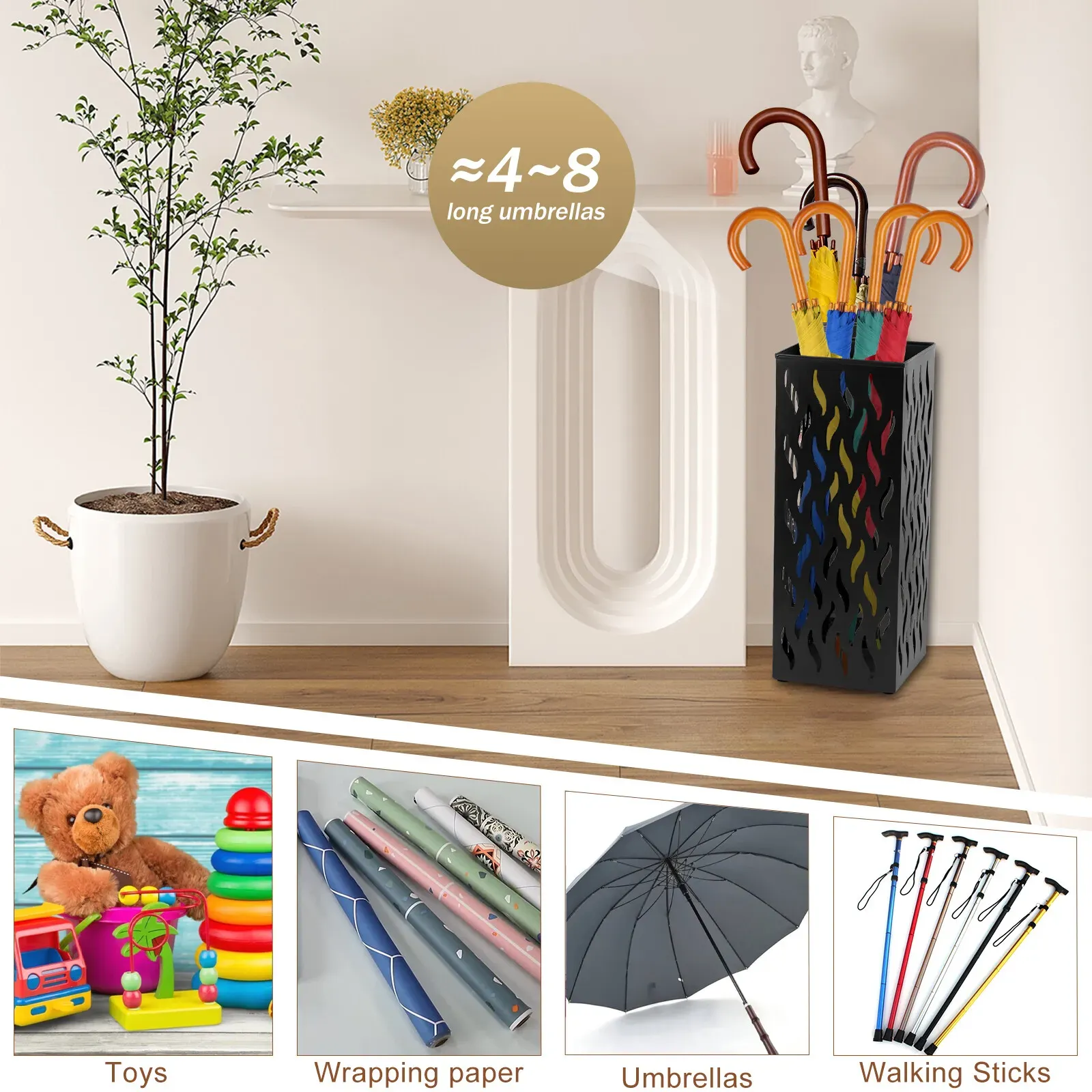 Metal Umbrella Stand Rack in White - Rectangular Design view 3