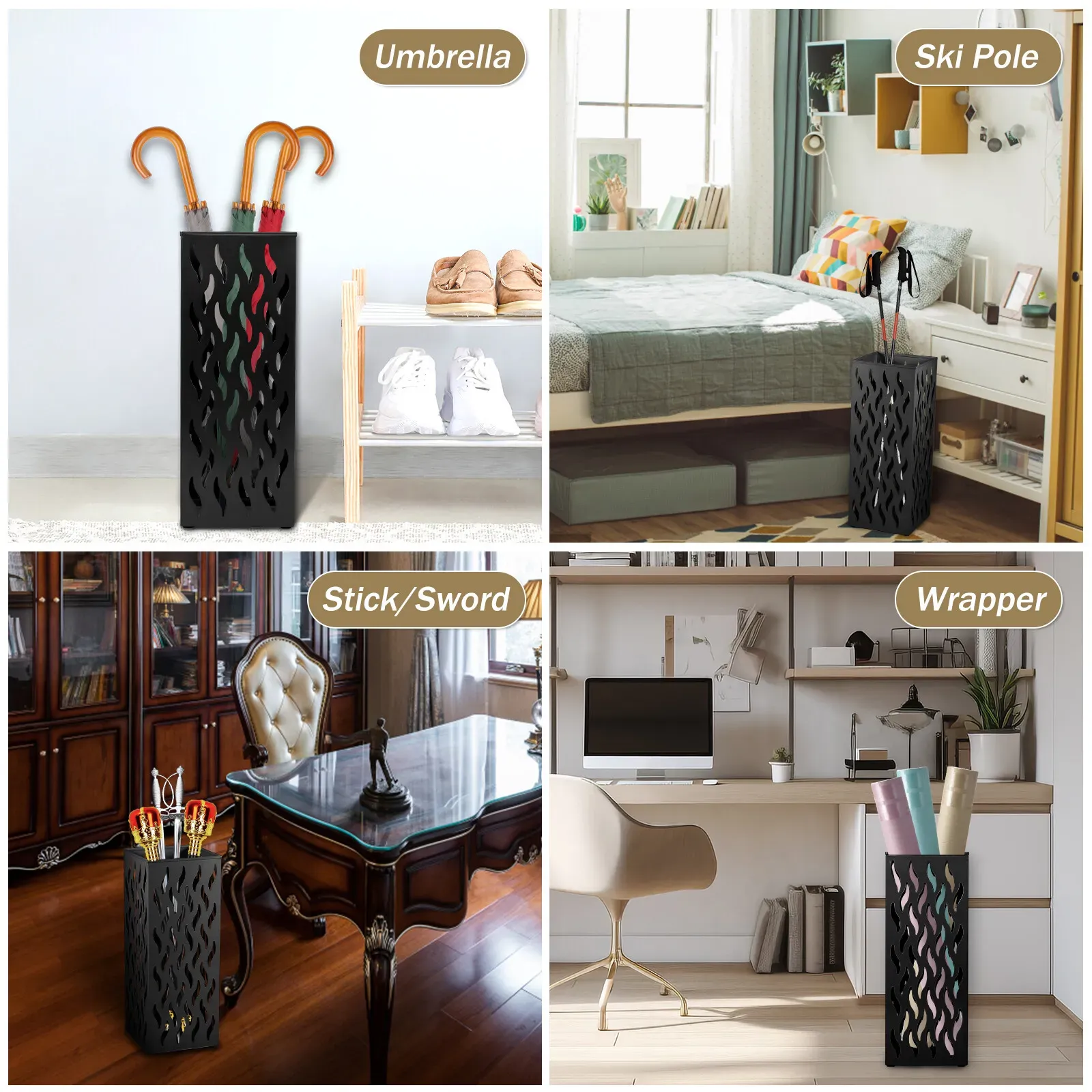 Metal Umbrella Stand Rack in White - Rectangular Design view 10