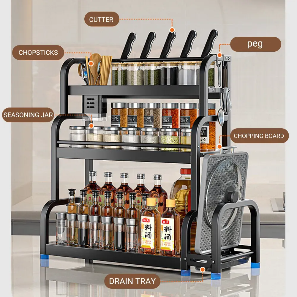 3-Tier Black Stainless Steel Kitchen Spice Rack Organiser with Adjustable Storage view 5