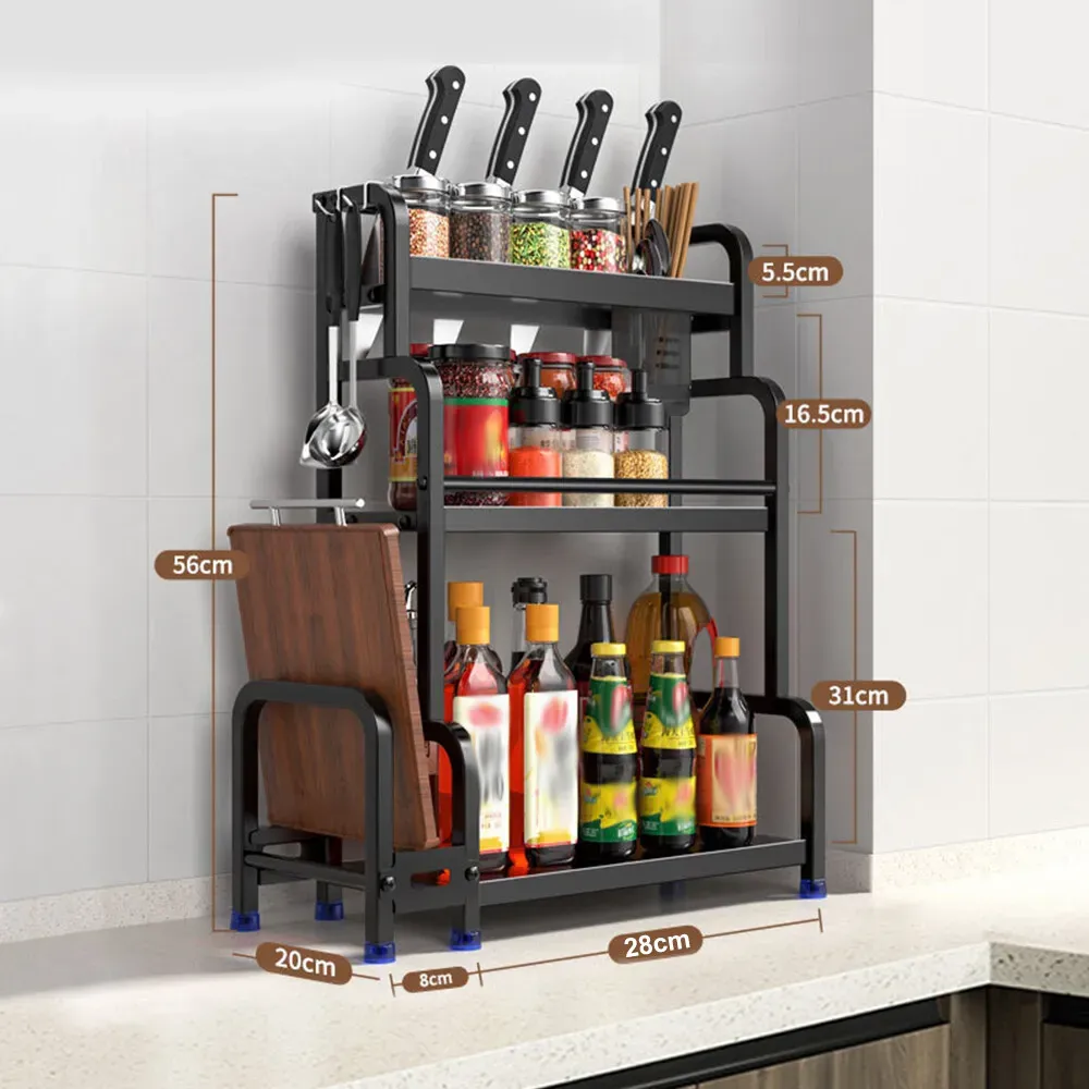 3-Tier Black Stainless Steel Kitchen Spice Rack Organiser with Adjustable Storage view 7