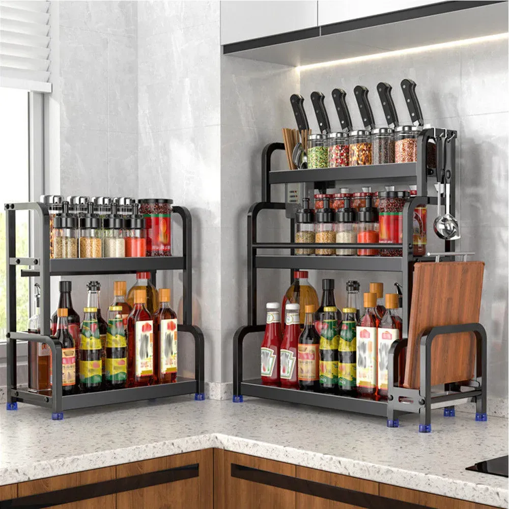 3-Tier Black Stainless Steel Kitchen Spice Rack Organiser with Adjustable Storage view 9