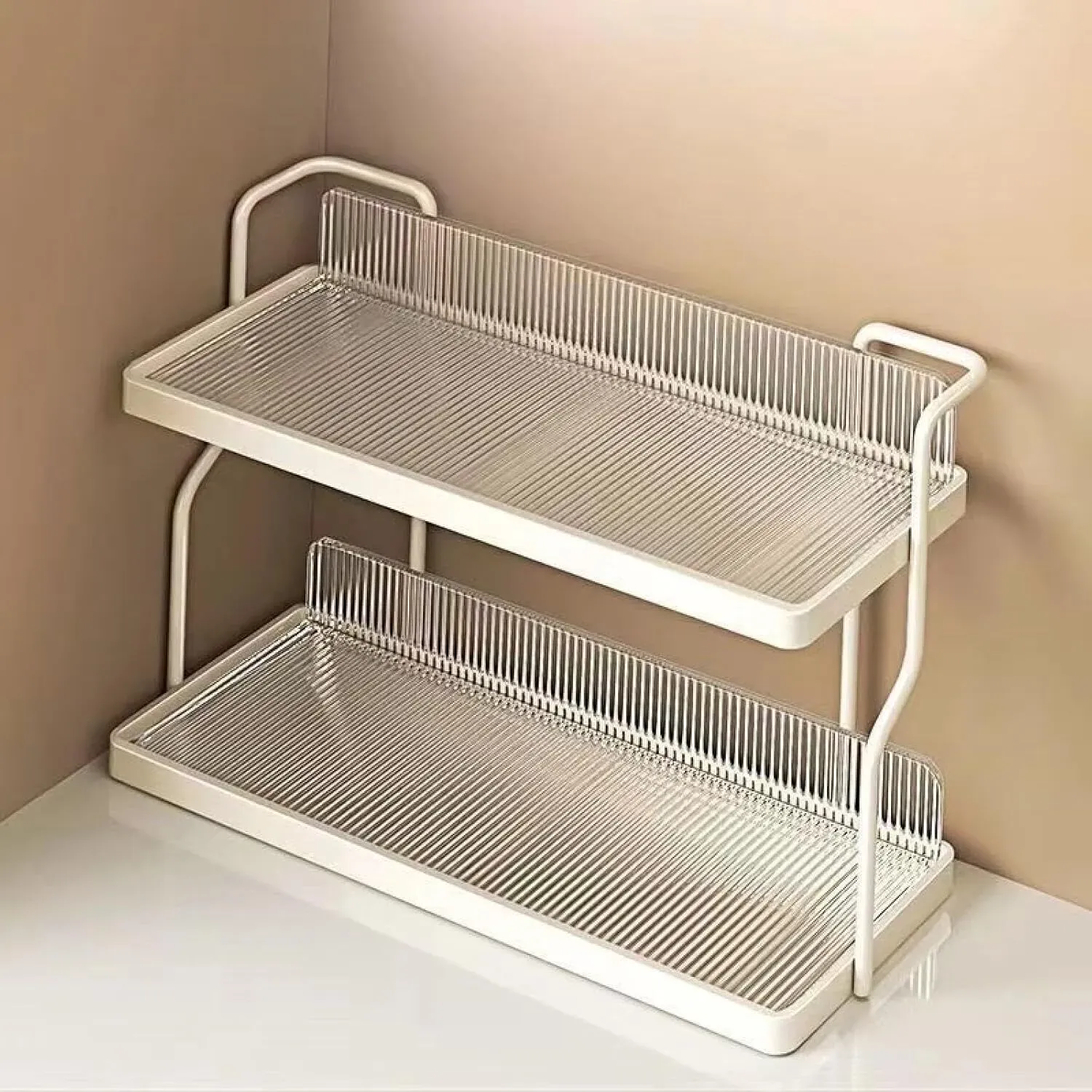 Two-Tier Kitchen Storage Rack Organizer in White with Removable Trays view 7
