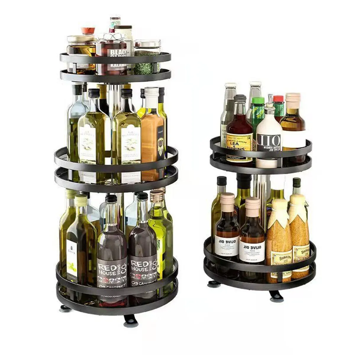 Black Kitchen Rotating Spice Rack - Double Layer Carbon Steel Organizer view 2