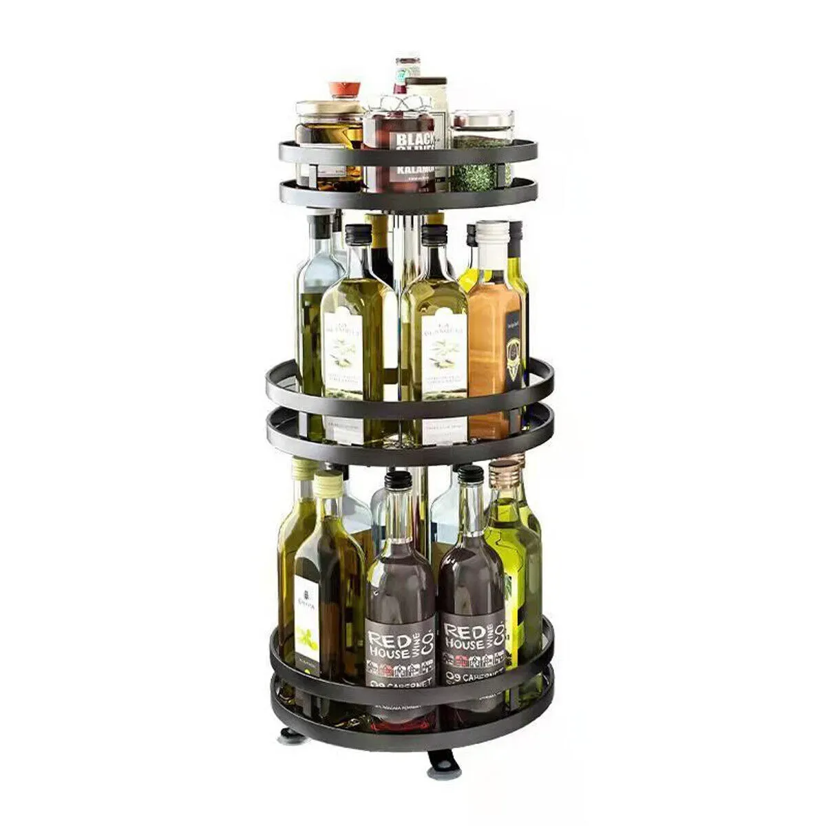 Black Kitchen Rotating Spice Rack - Double Layer Carbon Steel Organizer view 4