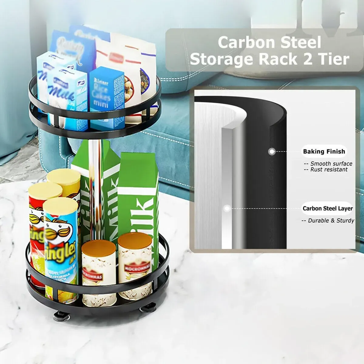 Black Kitchen Rotating Spice Rack - Double Layer Carbon Steel Organizer view 6