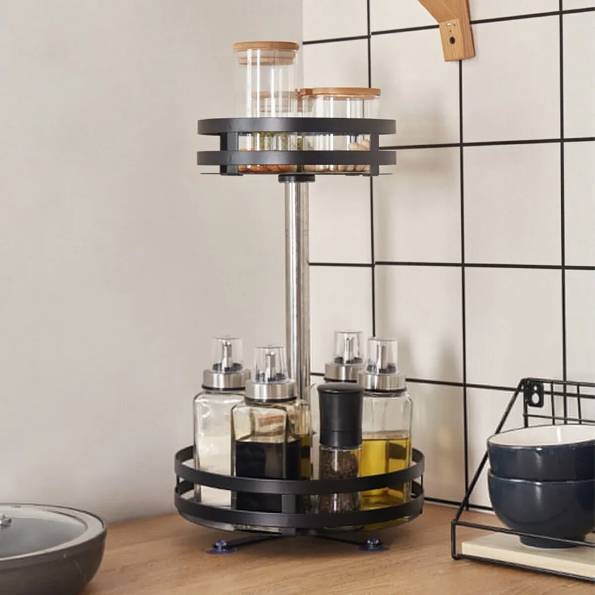 Black Kitchen Rotating Spice Rack - Double Layer Carbon Steel Organizer view 9