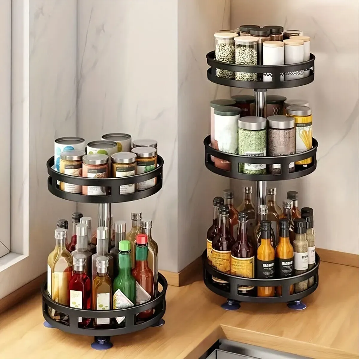 Black Triple Layer Rotating Spice Rack Countertop Organizer with 360° Rotation view 3