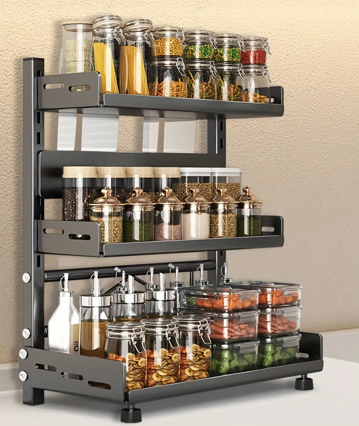 3-Tier Black Stainless Steel Spice Rack Kitchen Condiment Storage Shelf 40x16x54cm — image 1