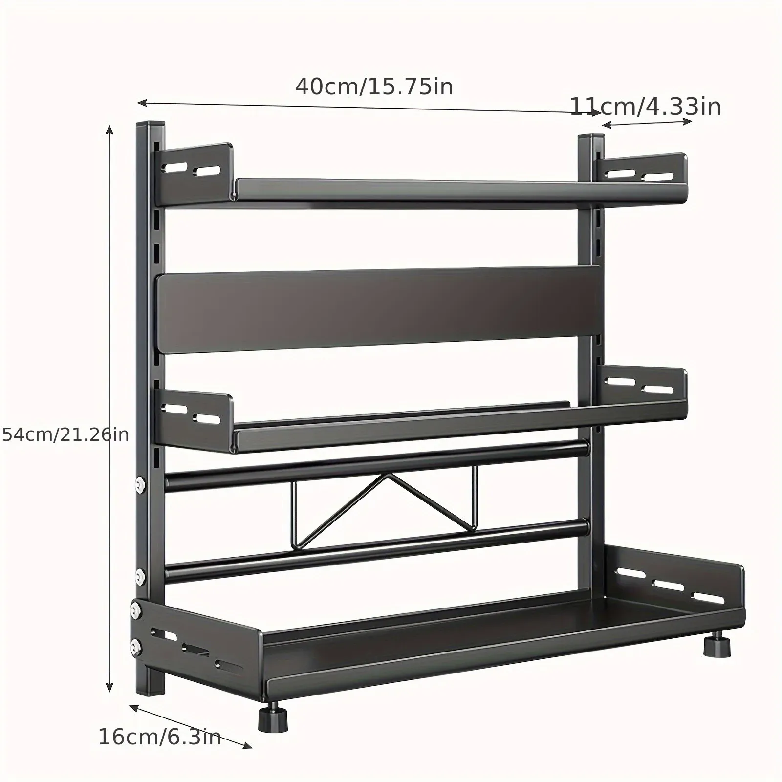 3-Tier Black Stainless Steel Spice Rack Kitchen Condiment Storage Shelf 40x16x54cm view 3
